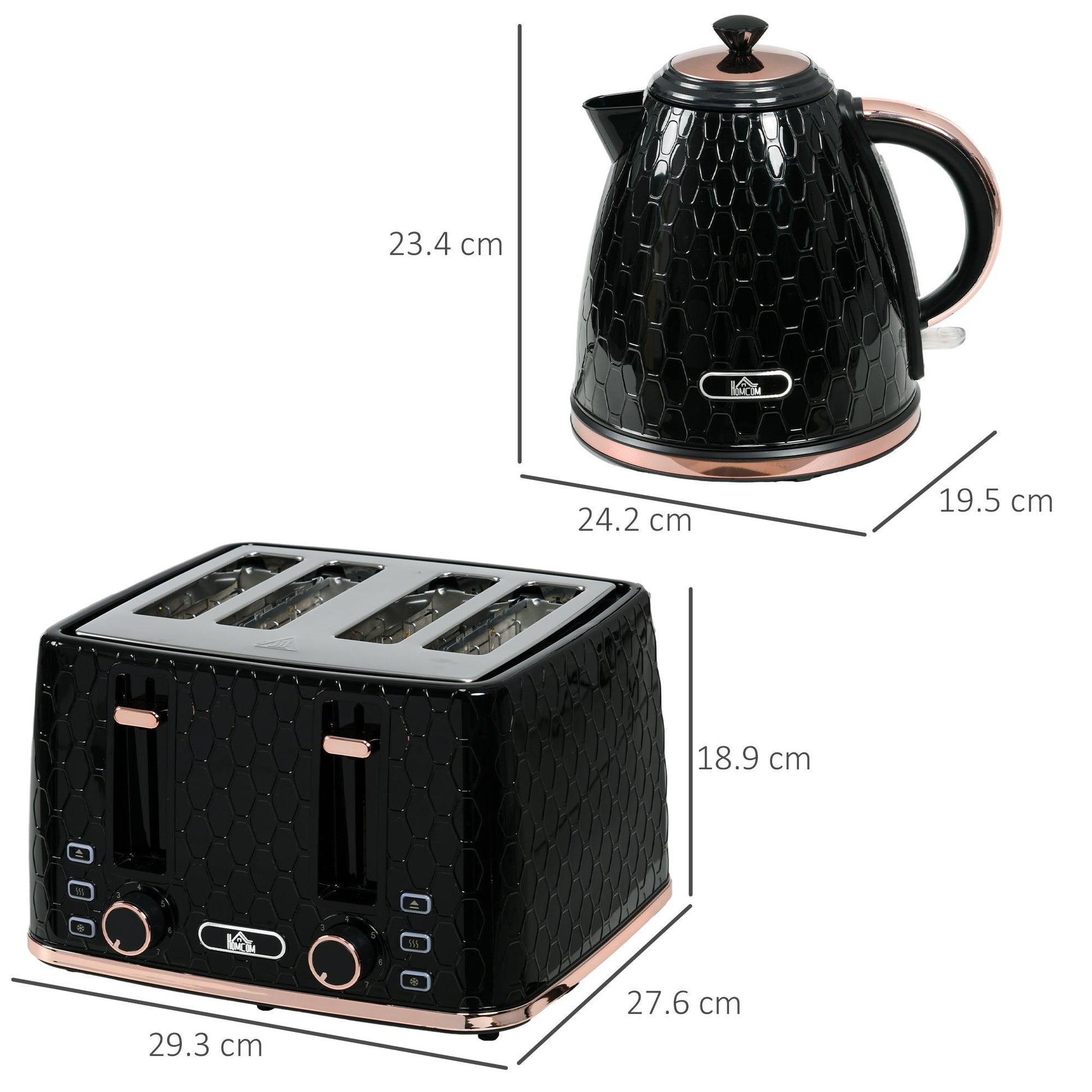 HOMCOM 1.7L 3000W Fast Boil Kettle & 4 Slice Toaster Set, Kettle and Toaster Set with 7 Browning Controls, Crumb Tray, Black - ALL4U RETAILER LTD