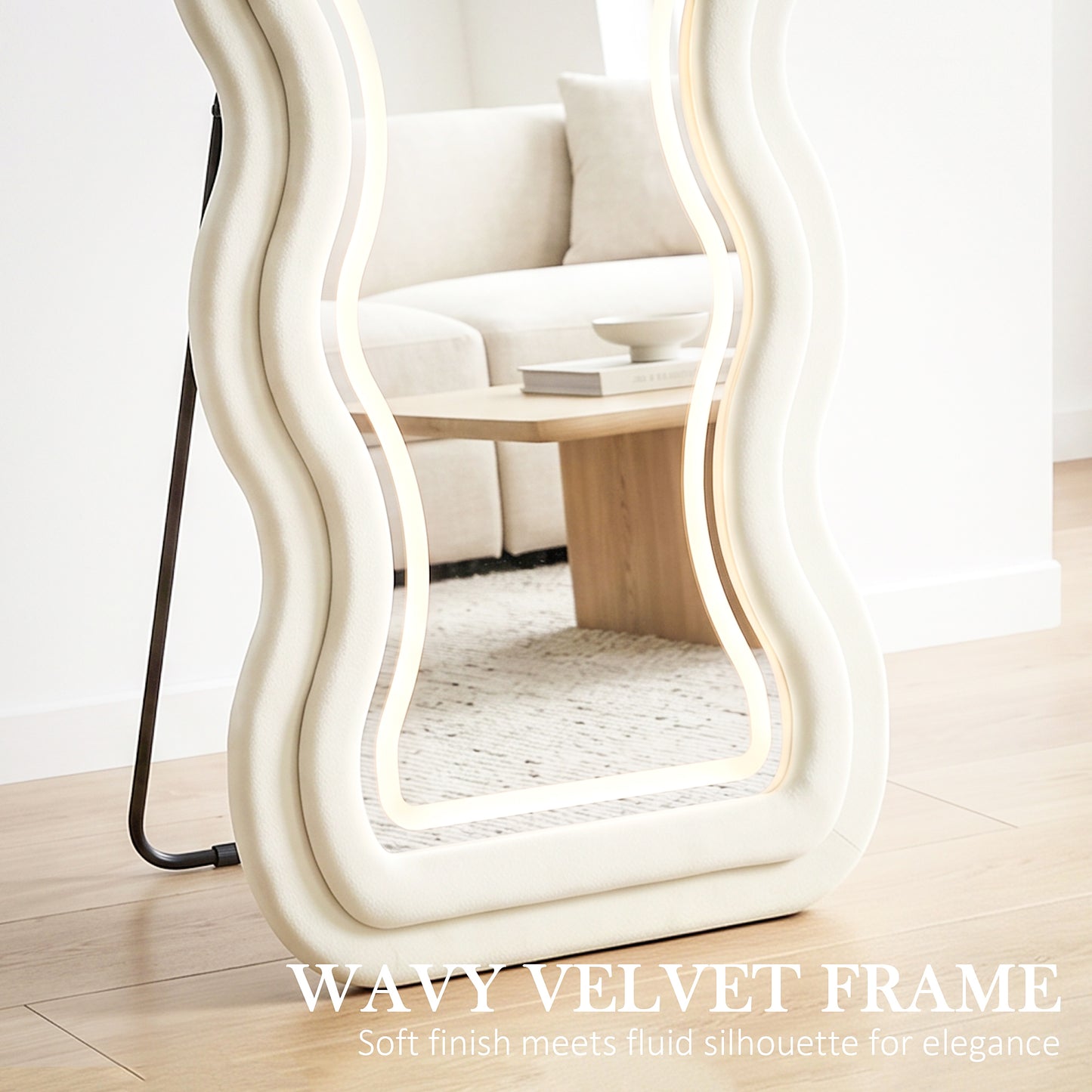 HOMCOM Full Length Mirror With Wavy Velvet Frame Led Light Strip Cream White