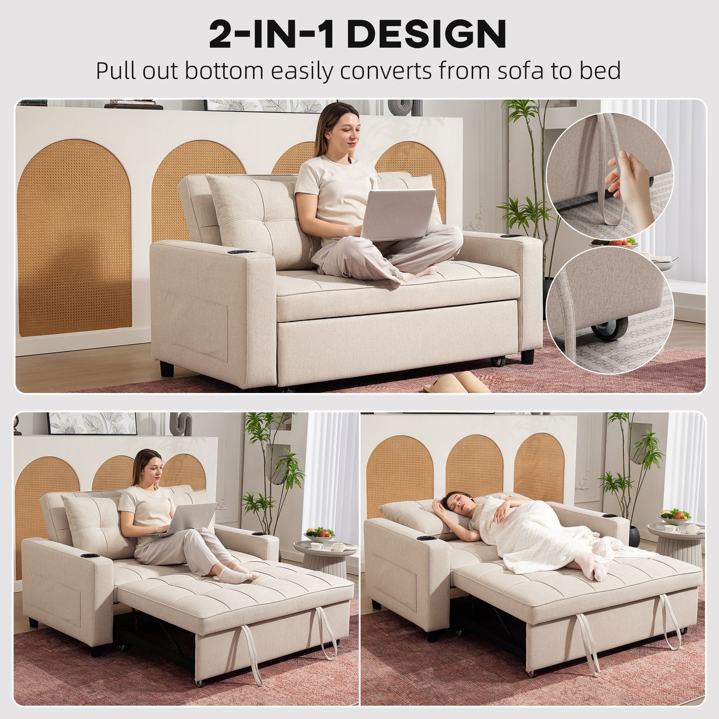 HOMCOM Two Seater Pull Out Sofa Bed Beige For Living Room Convertible Sofa Bed With High Density Foam