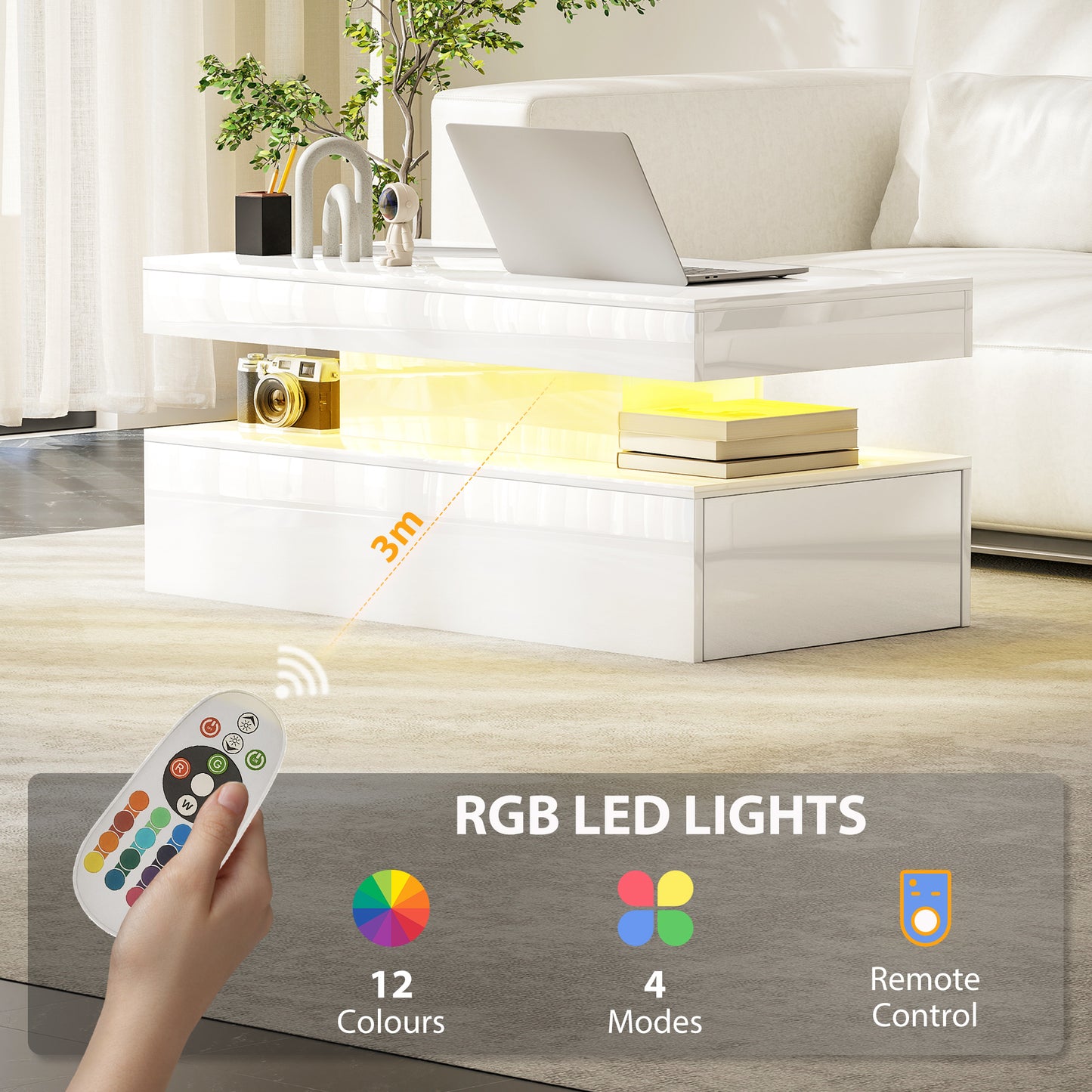 HOMCOM LED Coffee Table With Storage High Gloss White Modern Minimalist Design With RGB Lighting