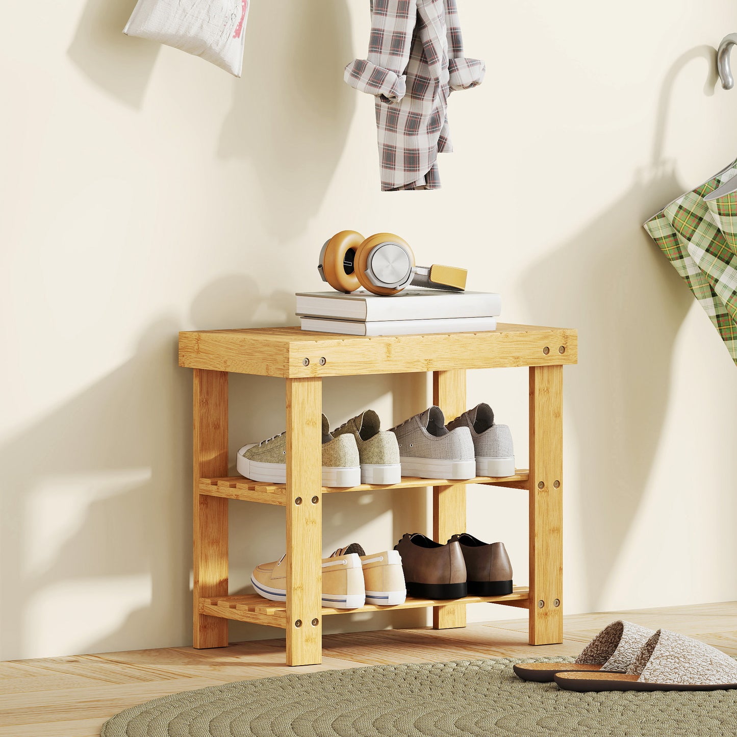 HOMCOM Two Shelf Bamboo Shoe Storage Bench in Natural Finish Holds Four Pairs of Shoes