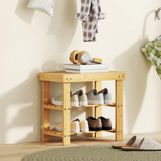 HOMCOM Two Shelf Bamboo Shoe Storage Bench in Natural Finish Holds Four Pairs of Shoes