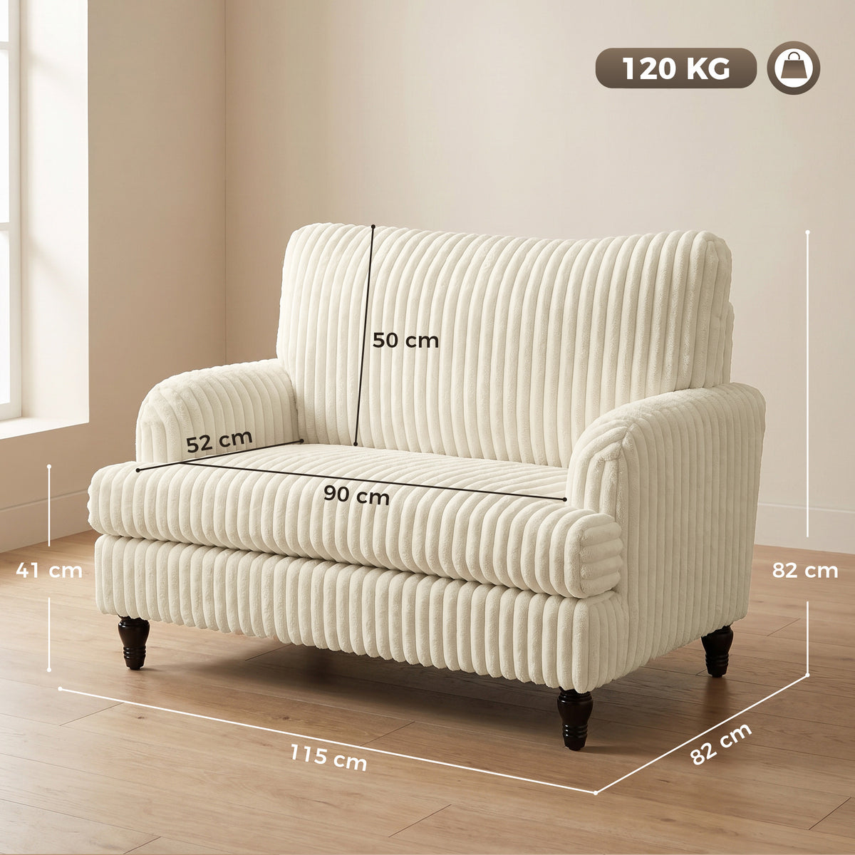 Cream corduroy accent armchair with ribbed vertical stripes, wide seat, and turned legs