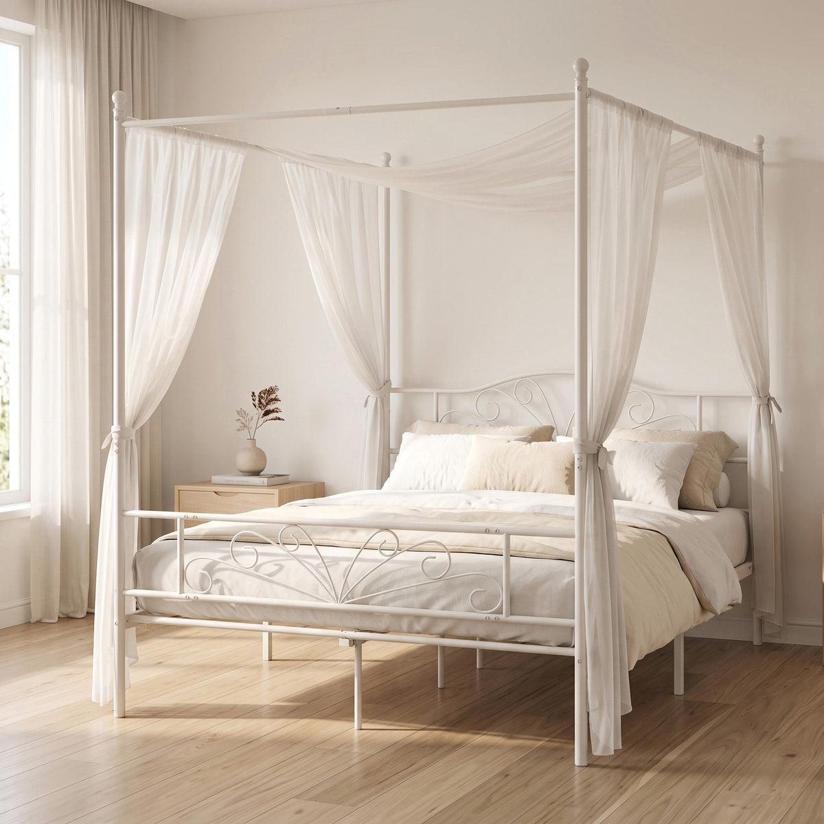 Homcom Double Canopy Bed Frame Metal Platform With Headboard And White
