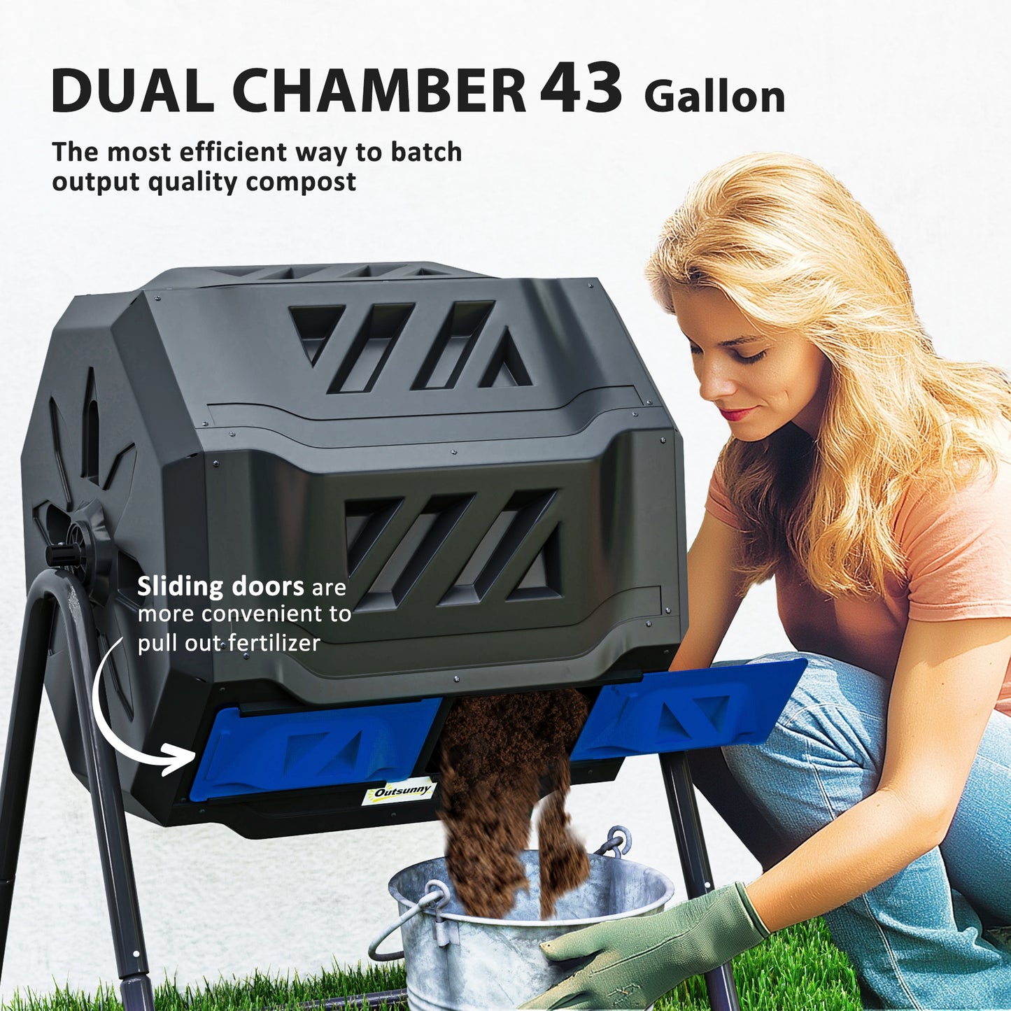 Outsunny 160L 360 Degree Rotating Dual Chamber Composter Blue Durable Plastic Body With Metal Frame