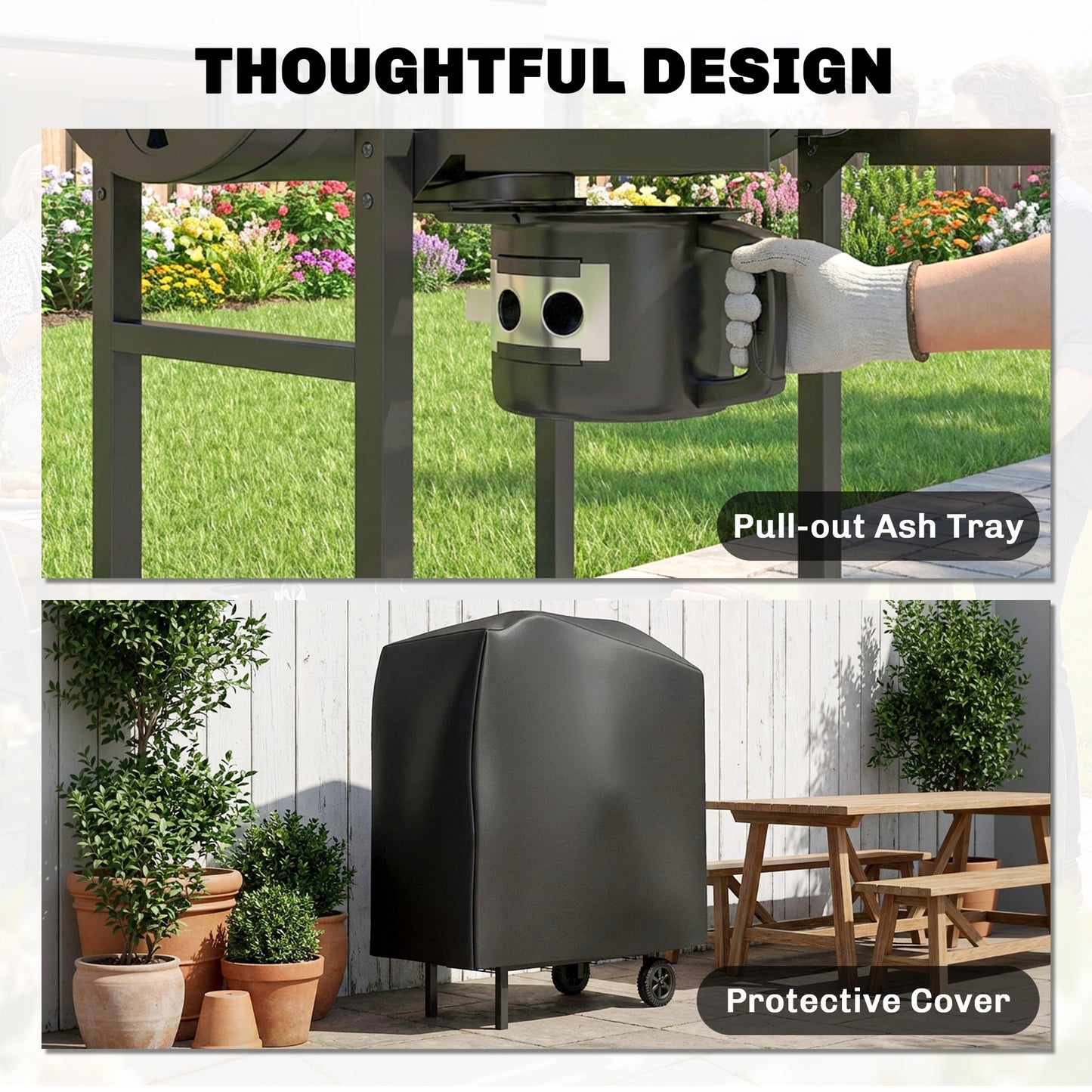 Outsunny Charcoal Grill Barrel BBQ Smoker With Warming Rack And Foldable Shelves Natural Wood And Black