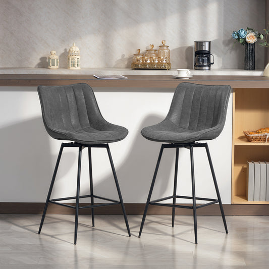 HOMCOM Set Of 2 PU Leather Swivel Bar Stools Grey For Kitchen Island And Counter Seating