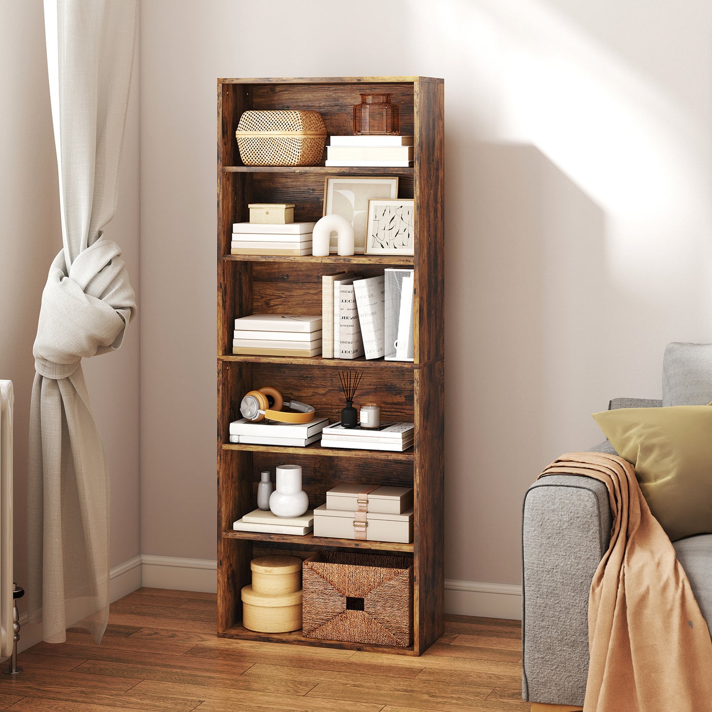 HOMCOM Six Shelf Bookcase Rustic Brown With Four Adjustable Shelves And Melamine Finish