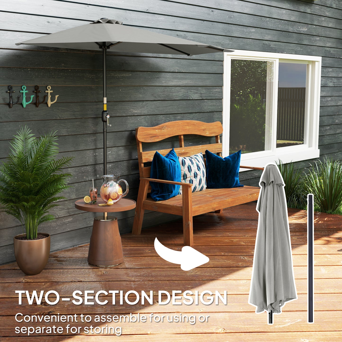 Outsunny Half Round Solar Parasol Umbrella for Balconies and Small Gardens Light Grey