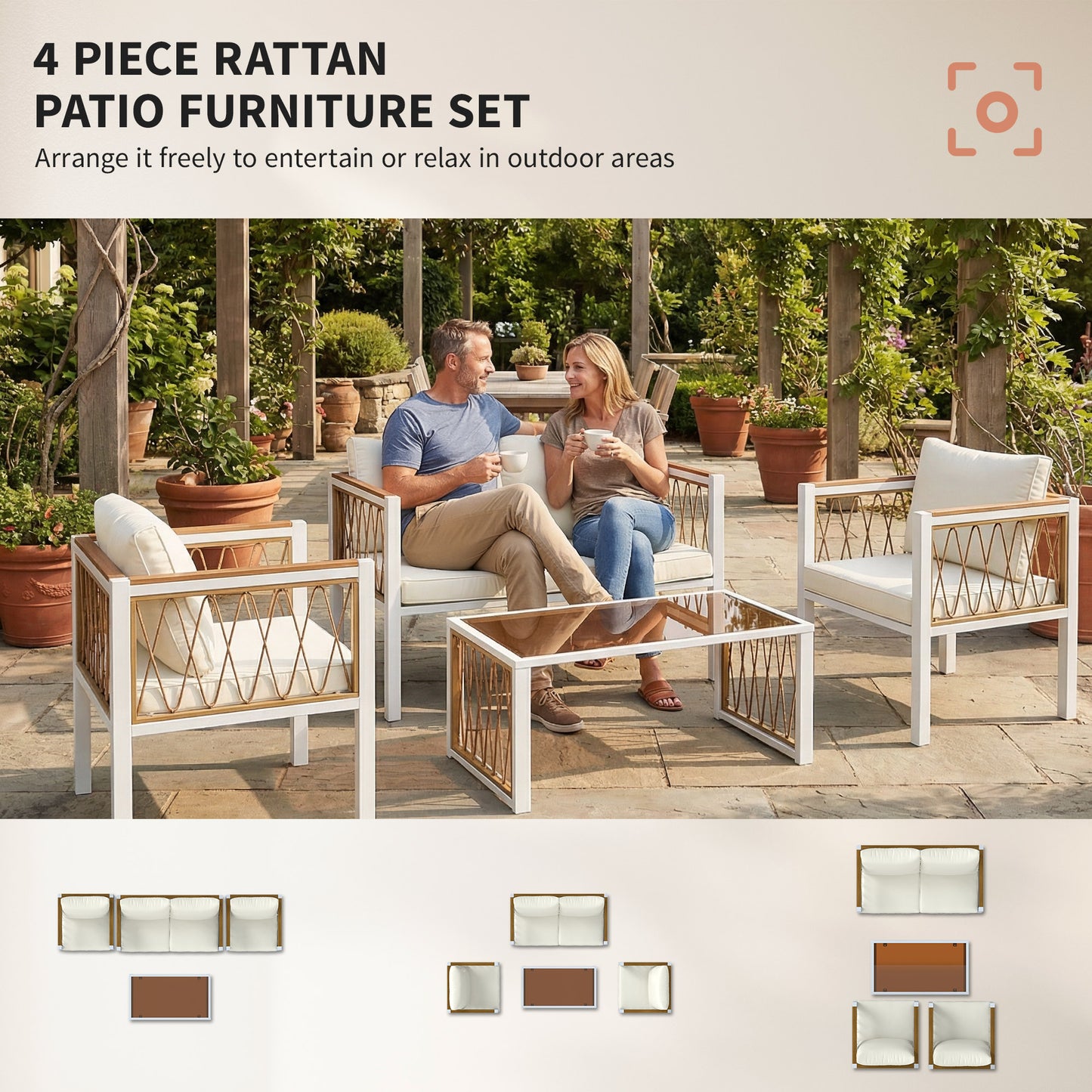 Outsunny 4 Piece Rattan Garden Furniture Set With Loveseat And 2 Armchairs Table Metal Frame Patio Cream White