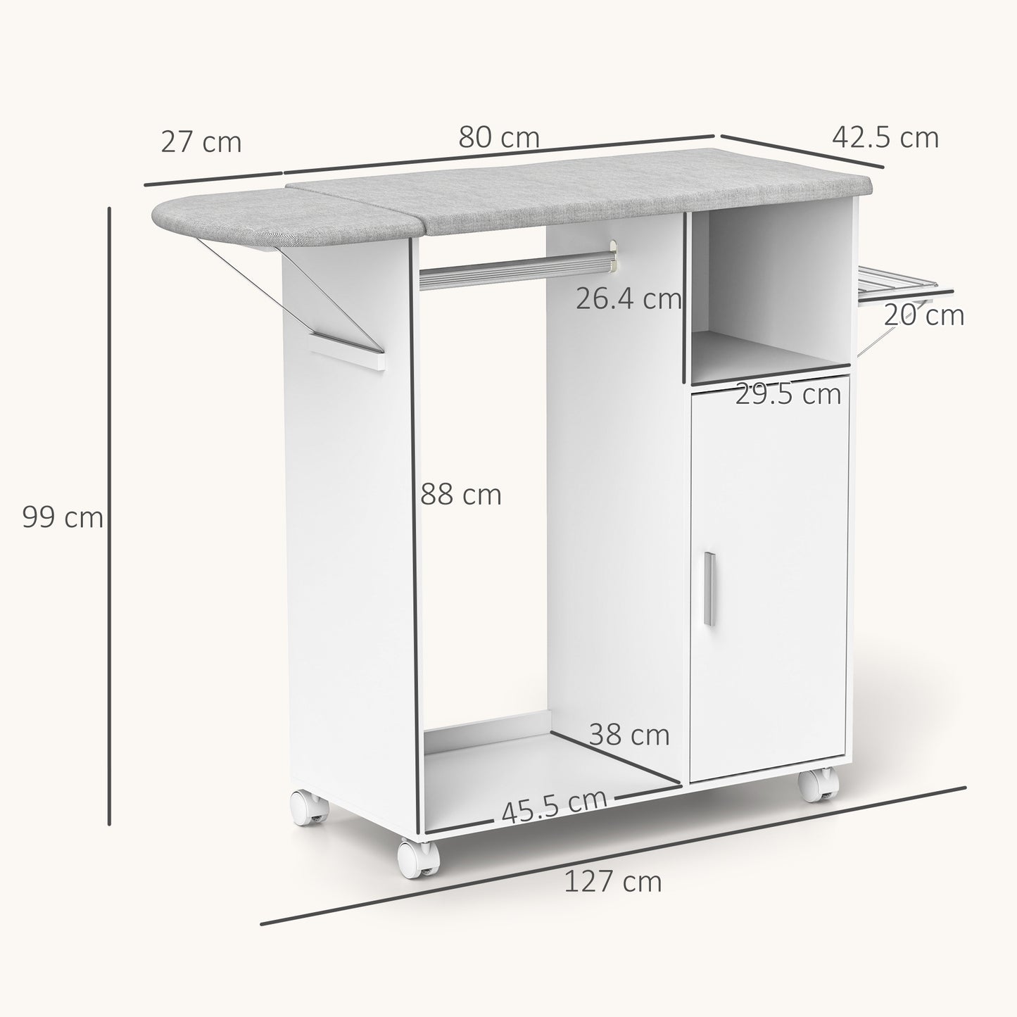 HOMCOM Rolling Ironing Board Cabinet With Foldable Top And Storage Wheeled Ironing Station For Home Laundry White