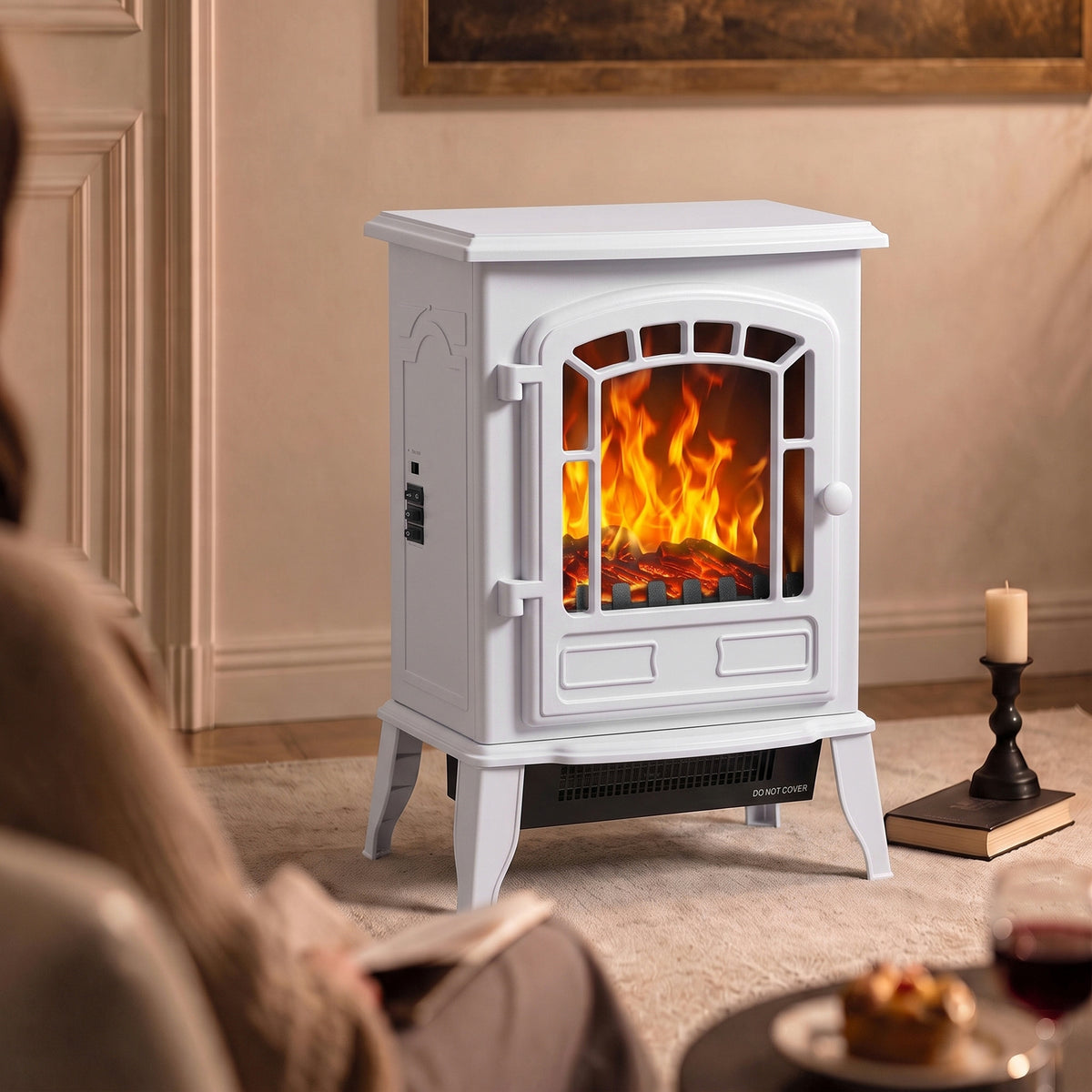 HOMCOM 2000W Freestanding Electric Fireplace With LED Flame And Thermostat White
