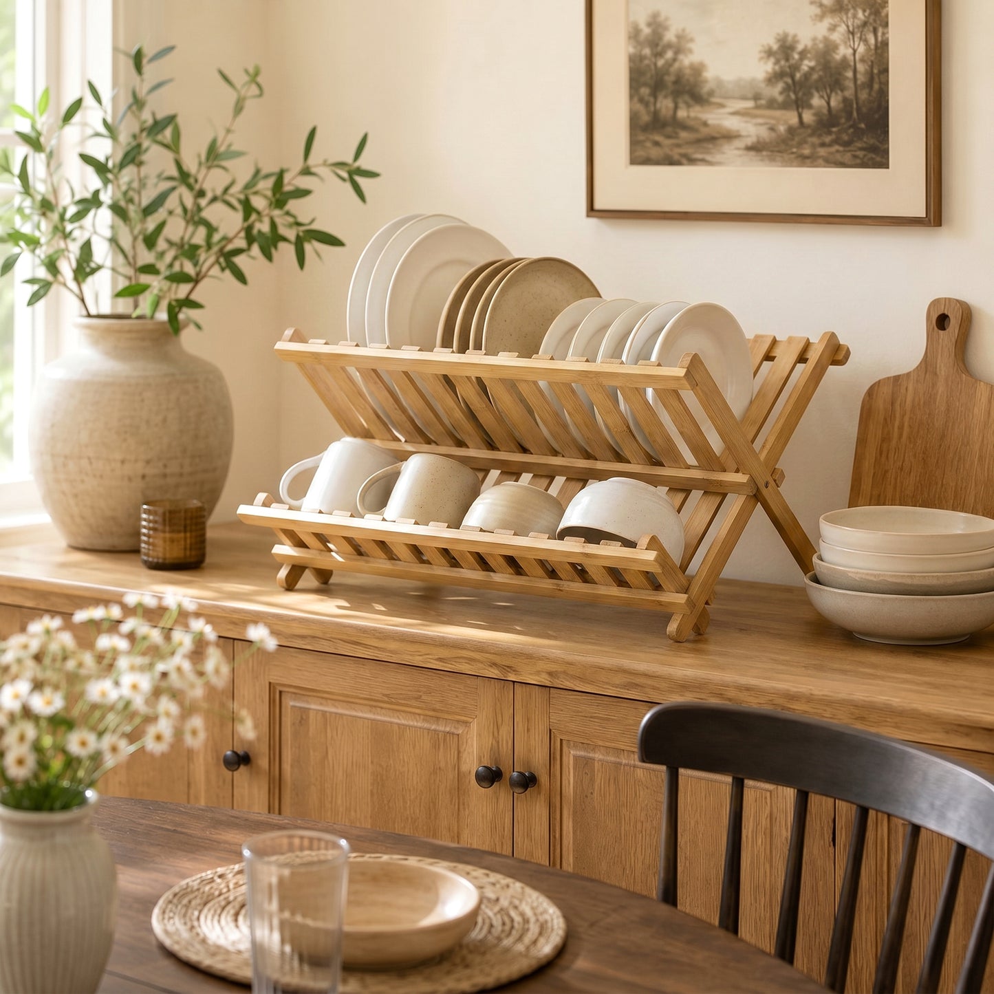 HOMCOM 2 Tier Foldable Bamboo Kitchen Storage Rack With Slatted Drying Shelves Natural Wood Finish