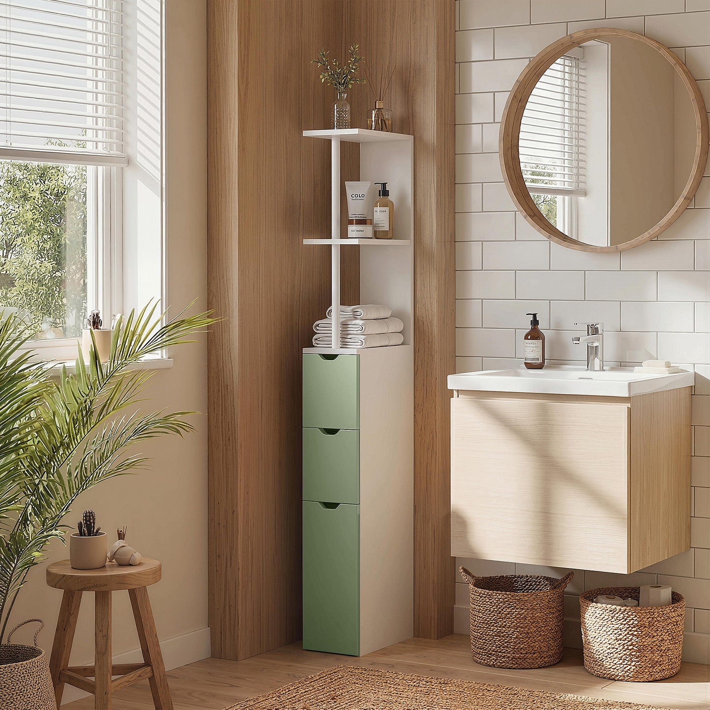 HOMCOM Slim Bathroom Storage Cabinet Tall Floor Cabinet With 2 Tier Shelf And 2 Drawers White And Light Green