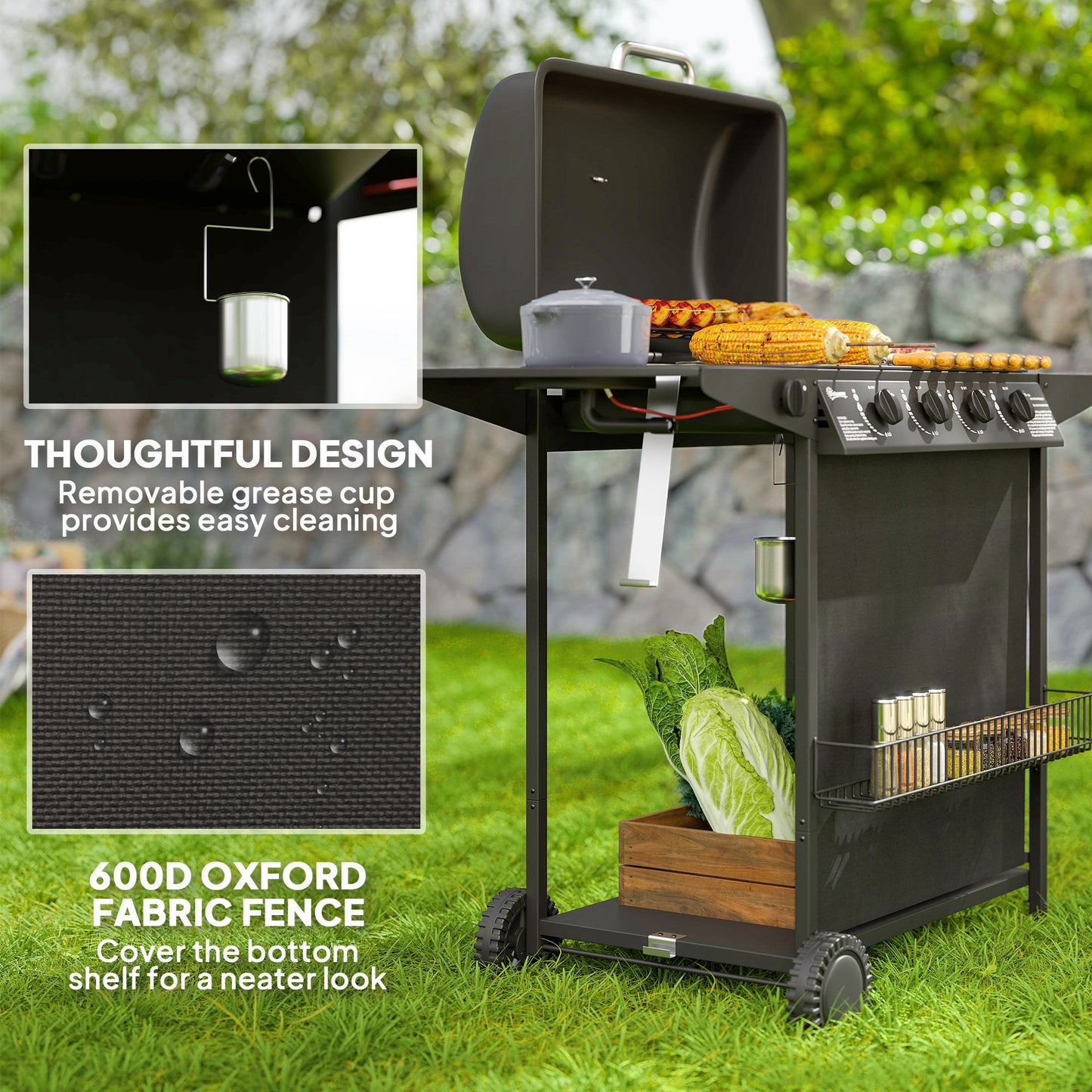 Outsunny Portable Gas BBQ Grill With Built In Thermometer Lid Side Table Shelf Spice Rack Wheels Grease Cup Black