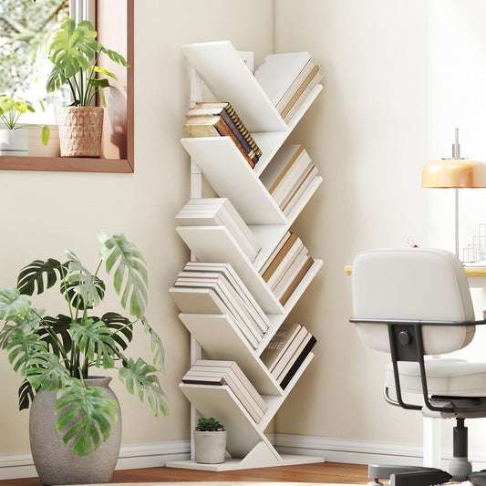 HOMCOM 9-Tier Tree Bookshelf Bookcase Freestanding Industrial Steel Frame Display Storage White