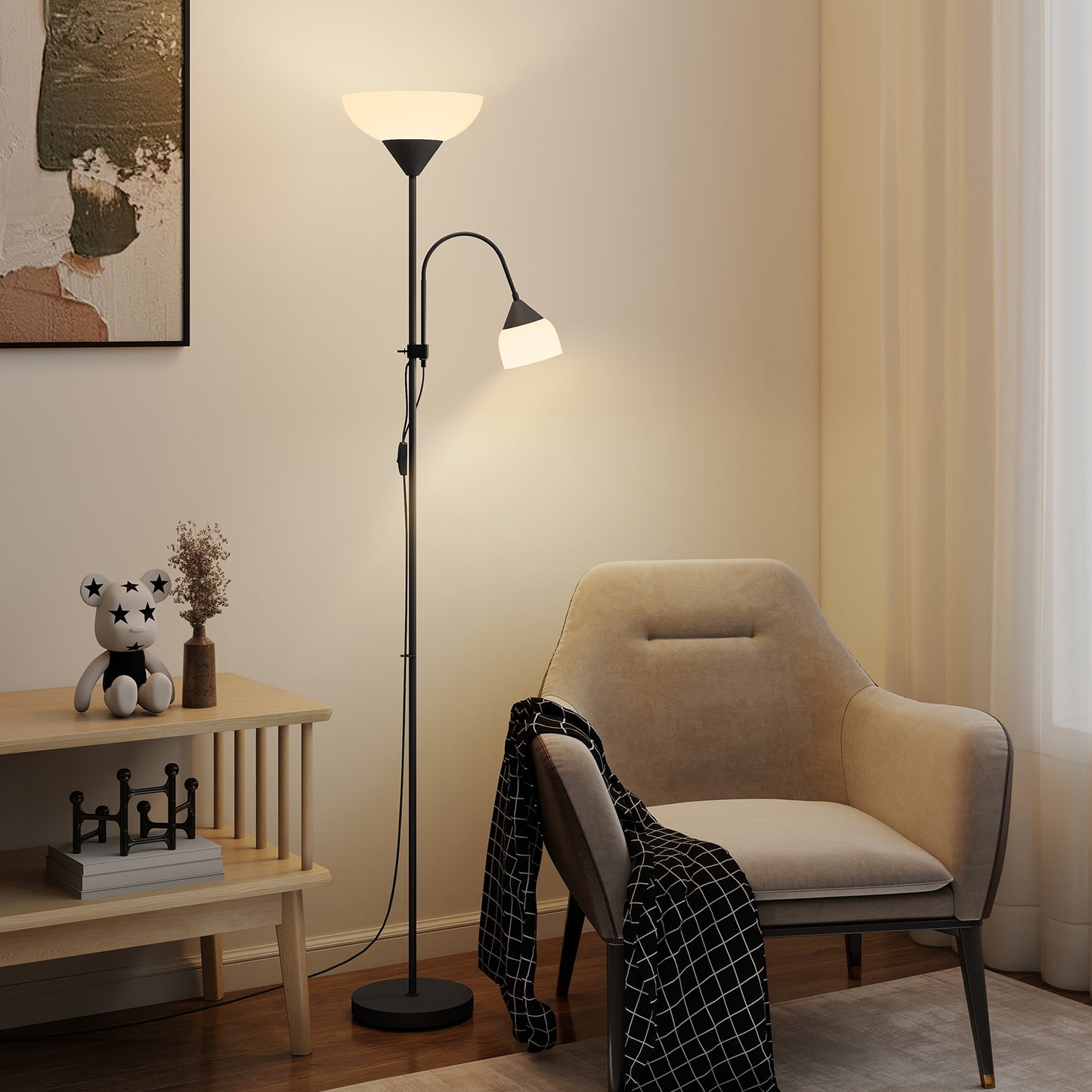 HOMCOM LED Floor Lamp For Living Room With Adjustable Gooseneck Dual Lights Mother And Child Uplighter Black 180cm