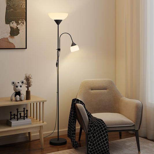 HOMCOM LED Floor Lamp For Living Room With Adjustable Gooseneck Dual Lights Mother And Child Uplighter Black 180cm
