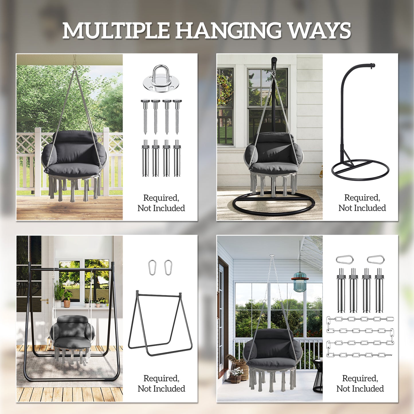 Outsunny Outdoor Hanging Chair Hammock With Soft Cushion Cotton Rope Boho Style Swing Chair Dark Grey