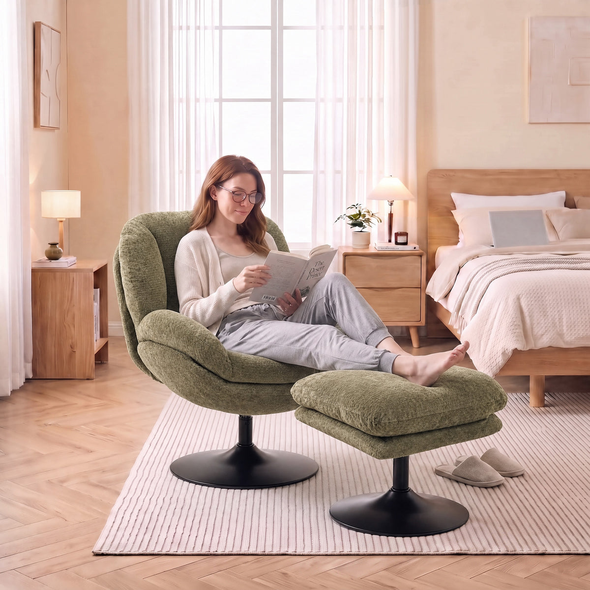 HOMCOM Modern Chenille 360 Degree Swivel Accent Chair With Ottoman Dark Green