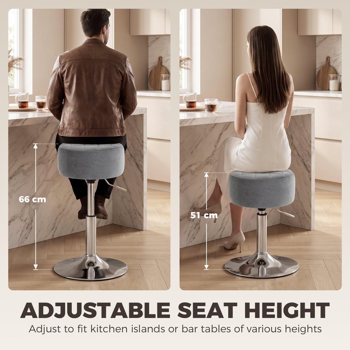 Back view of grey swivel bar stool with rounded seat on chrome height-adjustable base