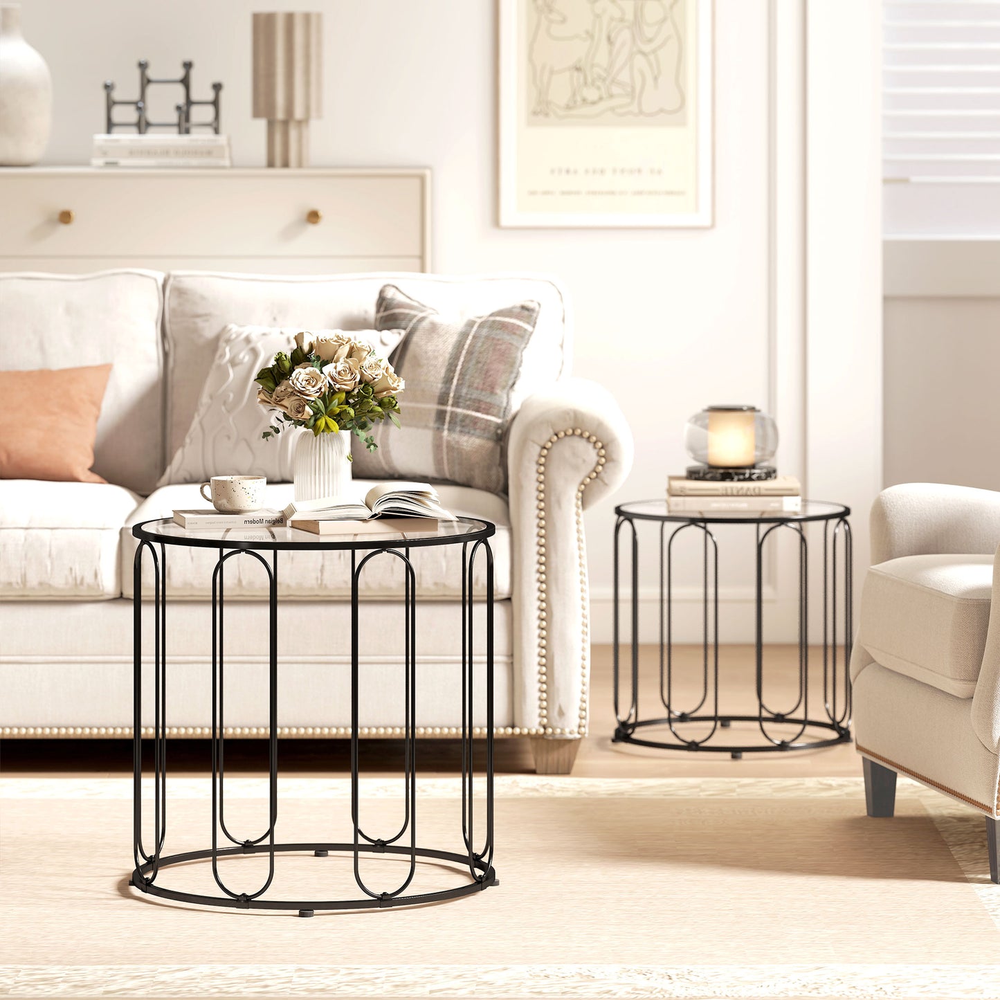 HOMCOM Elliptical Cutout Nesting Tables Black Glass Top With Metal Ring Frame Two Piece Set