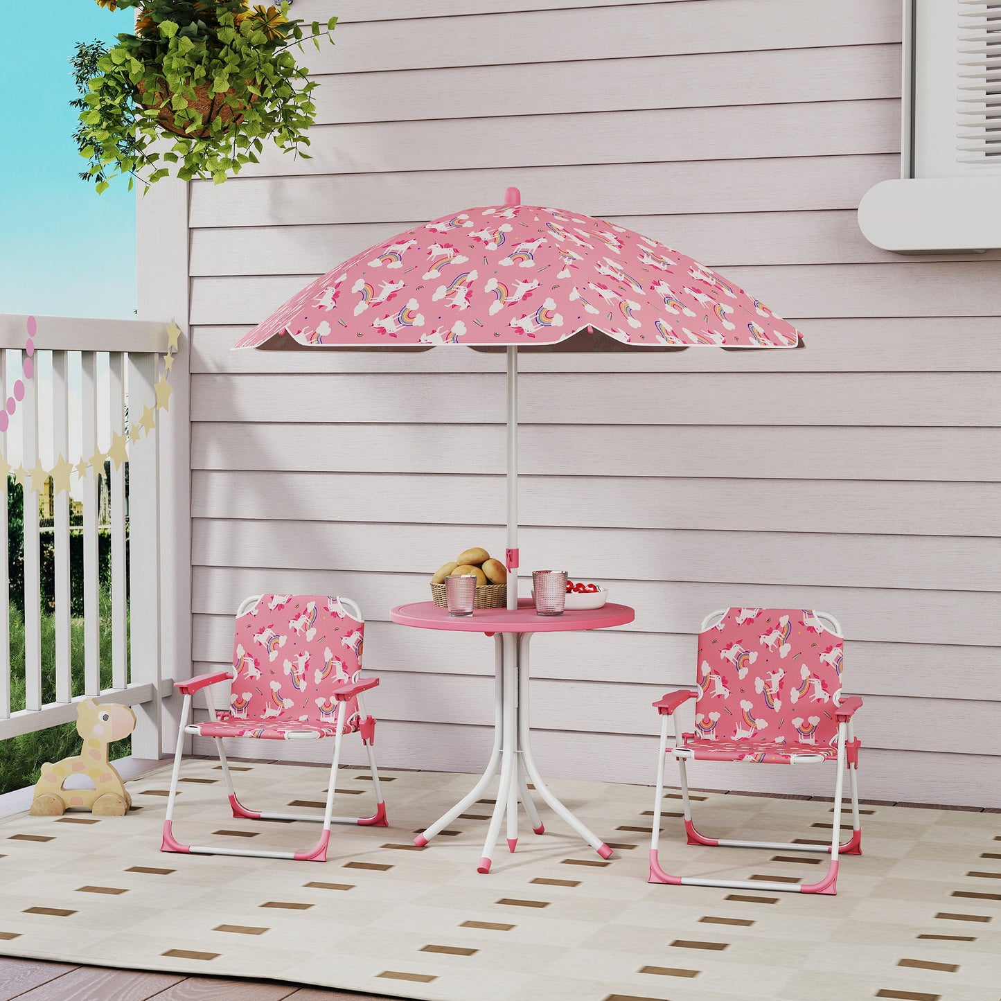 AIYAPLAY Kids Patio Table And Chair Set With Umbrella Pink Unicorn Themed Garden Furniture 4 Piece Bistro Set
