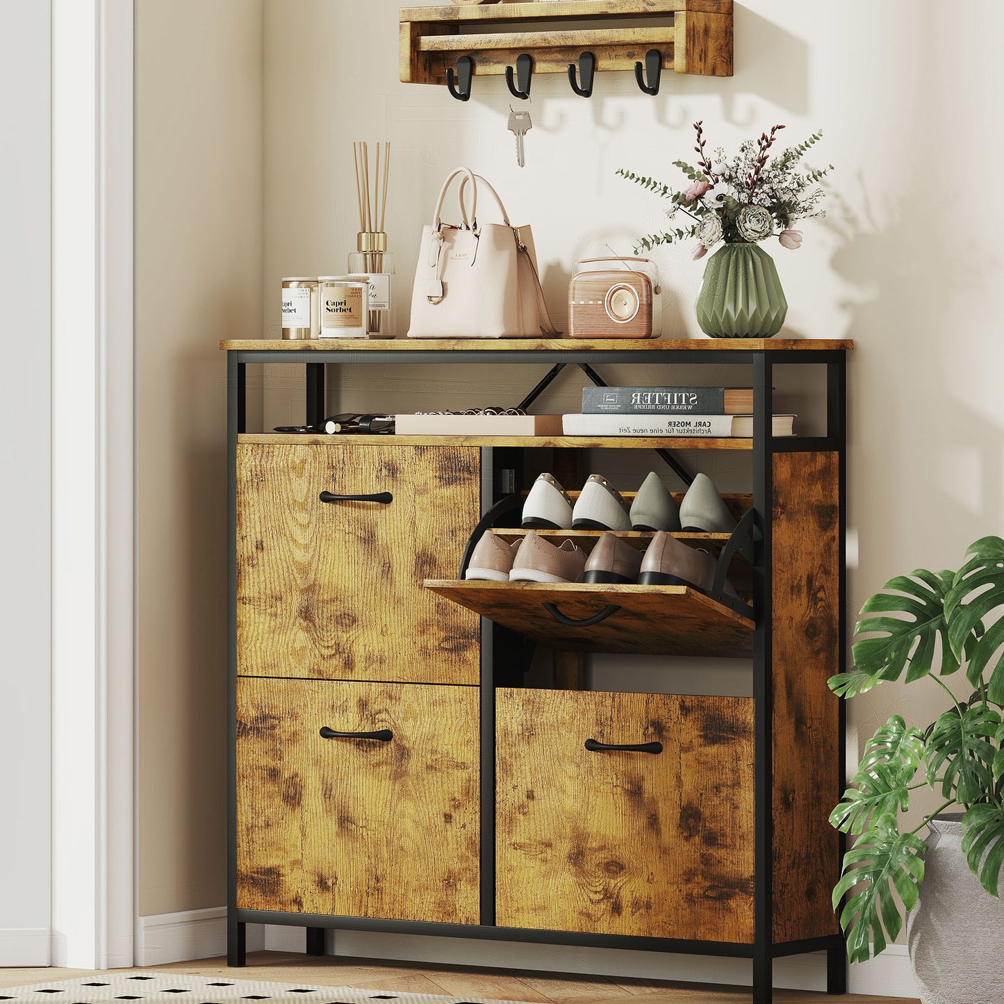 HOMCOM Rustic Brown Shoe Storage Cabinet With 4 Flip Drawers And Open Shelf Industrial Style