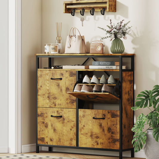 HOMCOM Rustic Brown Shoe Storage Cabinet With 4 Flip Drawers And Open Shelf Industrial Style