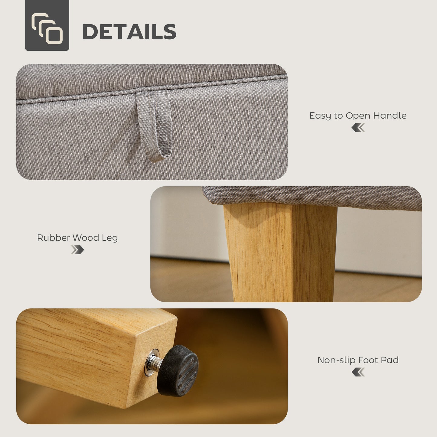 HOMCOM 30L Linen Storage Ottoman Padded Footstool With Rubberwood Legs Storage Box Bed End Shoe Bench Seating Light Grey