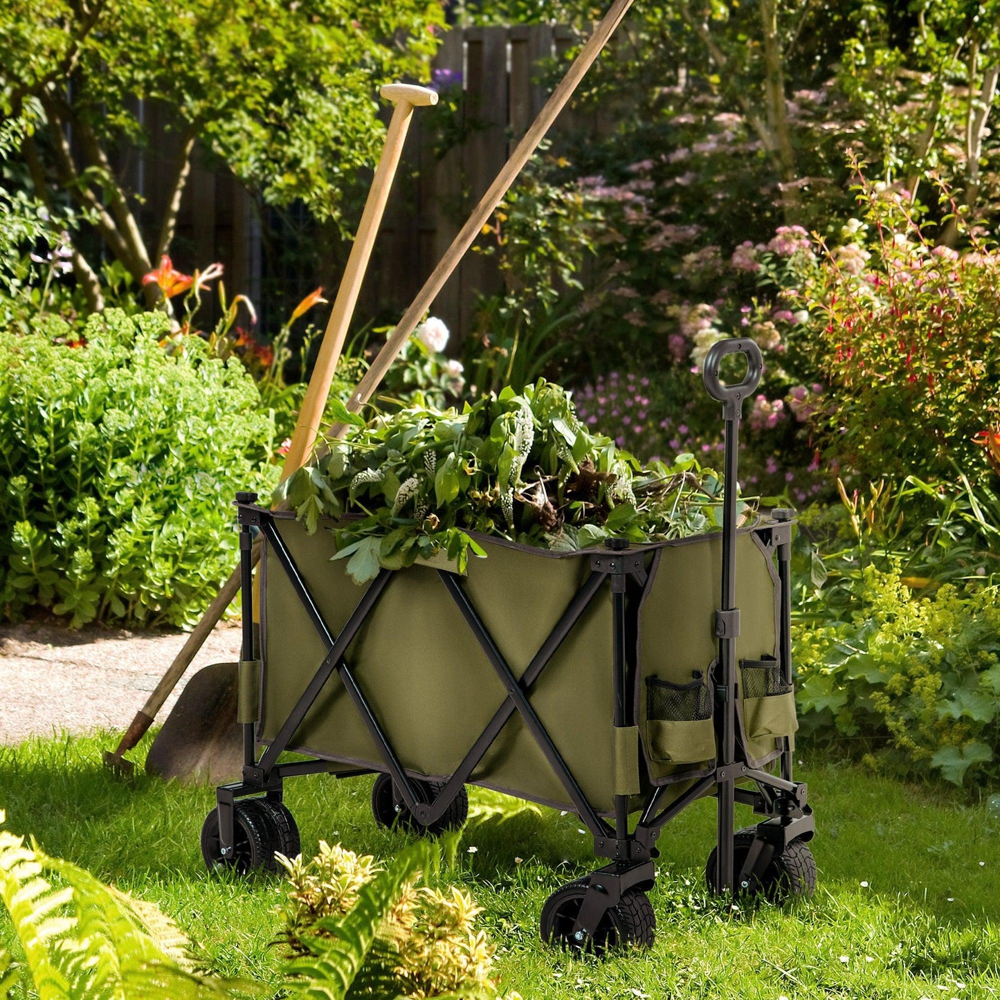 Outsunny Garden Wagon with Wheels: Foldable, Steel Frame, Green - ALL4U RETAILER LTD