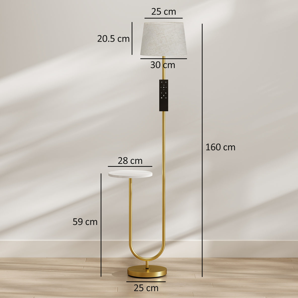 Floor lamp size diagram with linen shade, side shelf, and overall dimensions