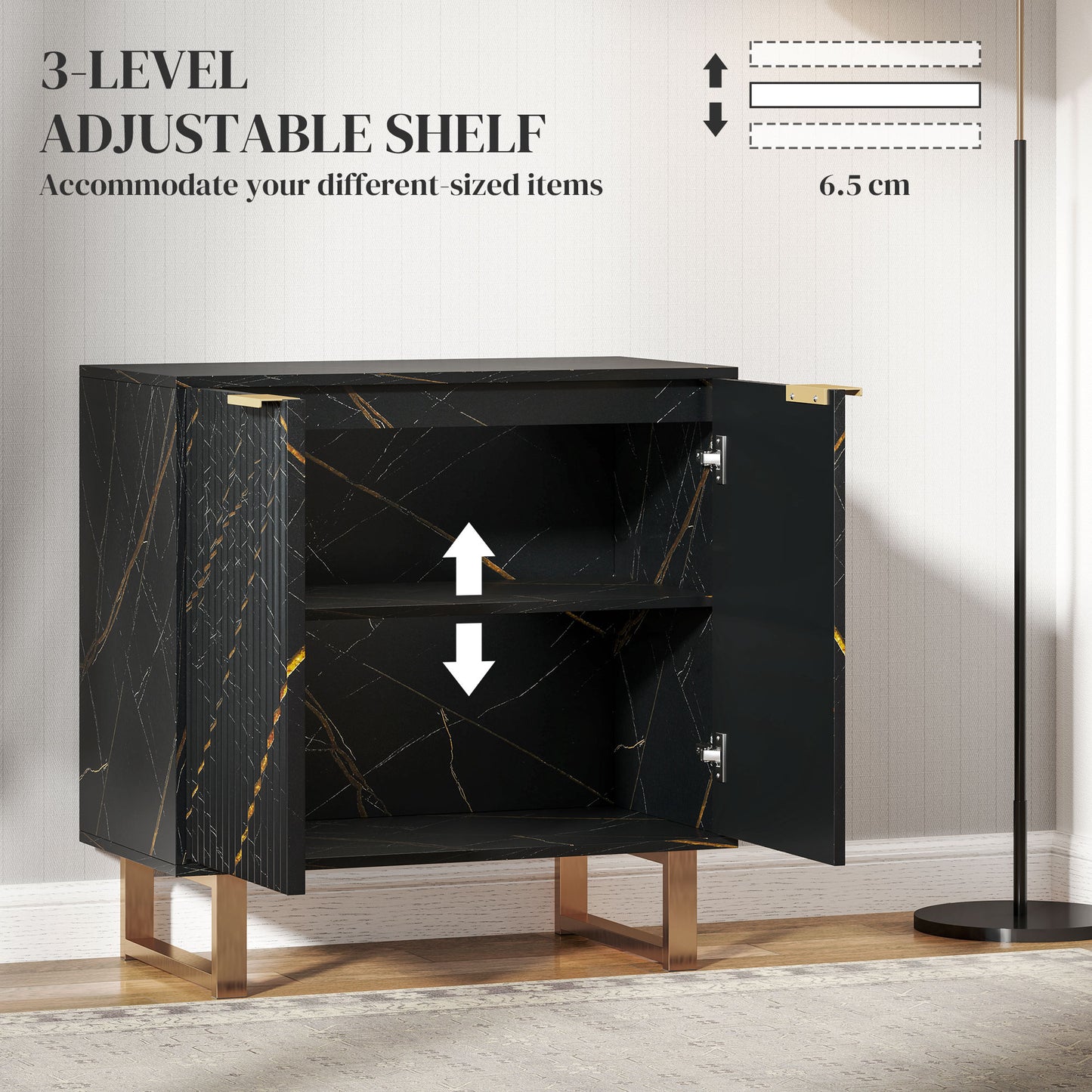 HOMCOM Elegant Storage Sideboard Black Gold Tone With Two Compartments And Three Level Adjustable Shelf