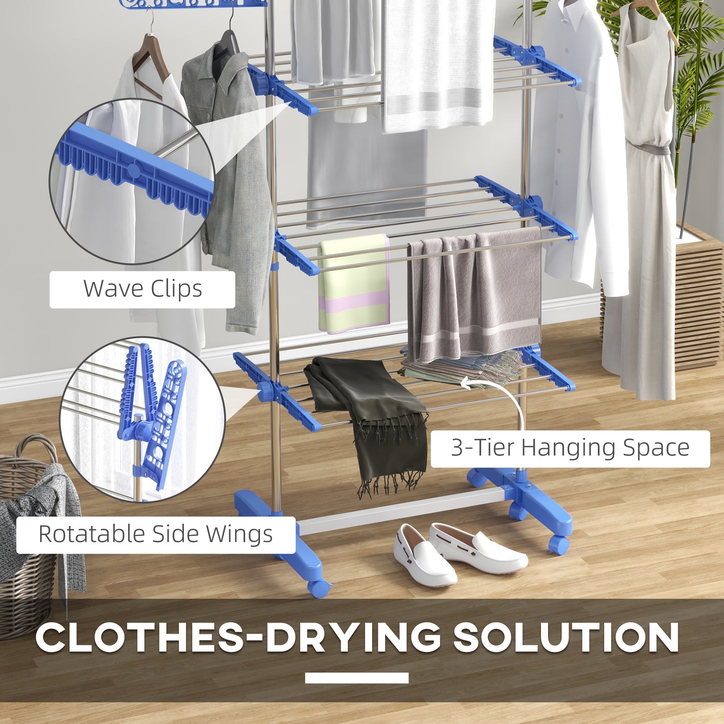 HOMCOM Three Shelf Collapsible Clothes Horse With Side Arms And Wheels In Blue For Easy Drying