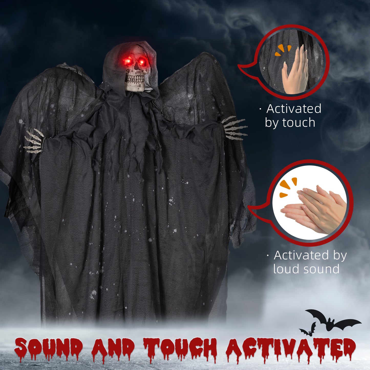 HOMCOM Animated 77" Winged Grim Reaper Halloween Prop with Sound and Light Effects for Spooky Outdoor Decor - ALL4U RETAILER LTD