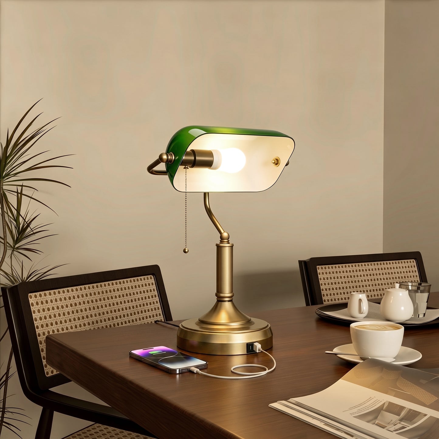 HOMCOM Bankers Style Desk Lamp With USB Ports And Pull Rope Switch, Vintage Bronze Tone Base, Green Glass Shade