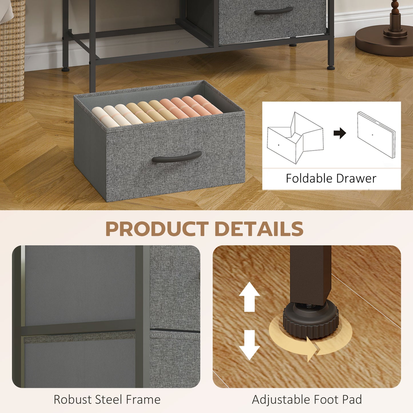 Fabric Chest Of Drawers With Eight Drawers Steel Frame With Wood Top Rustic Brown Grey For Bedroom Nursery Living Room