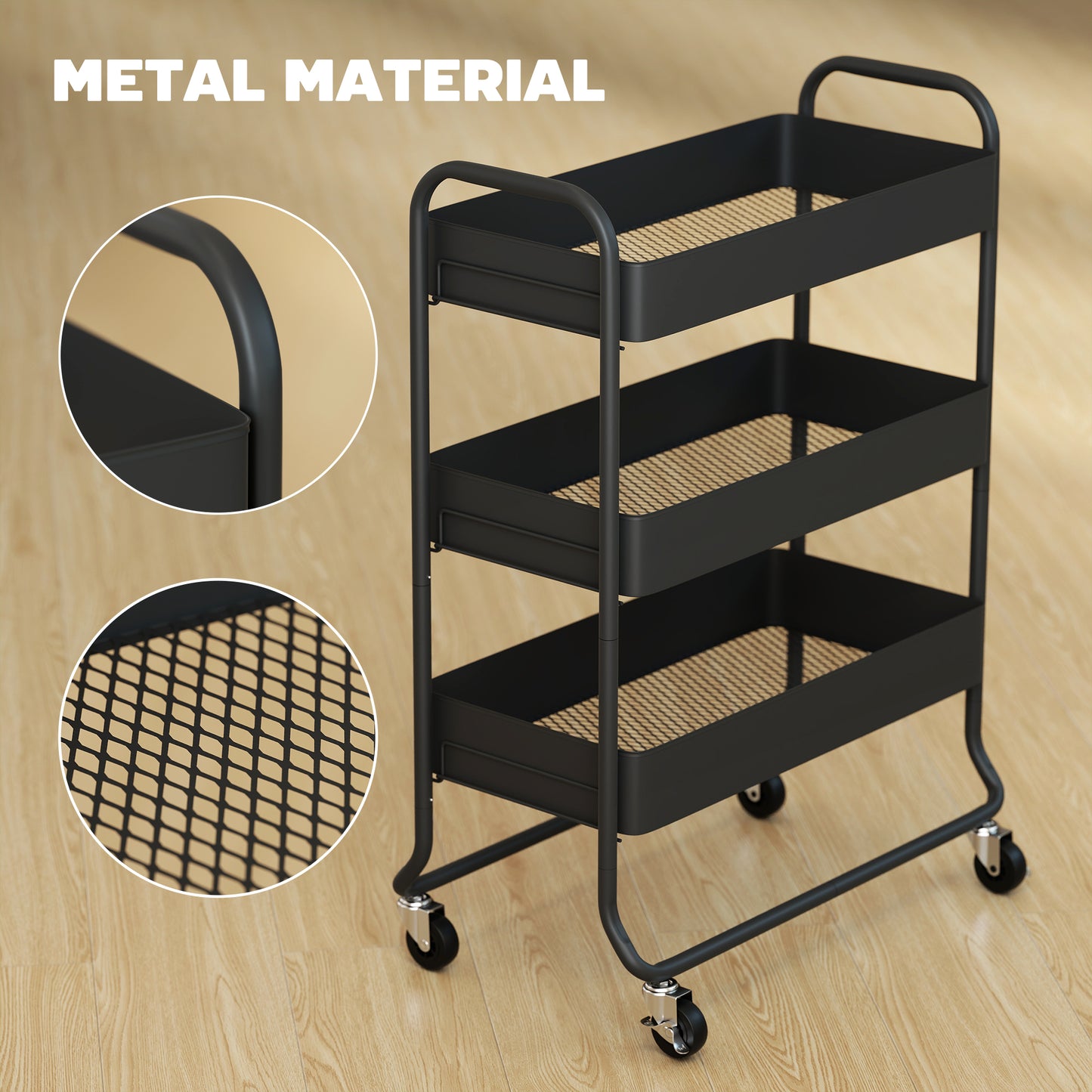 HOMCOM 3 Tier Storage Trolley on Wheels Rolling Utility Cart with Mesh Baskets for Kitchen Bathroom Bedroom Black