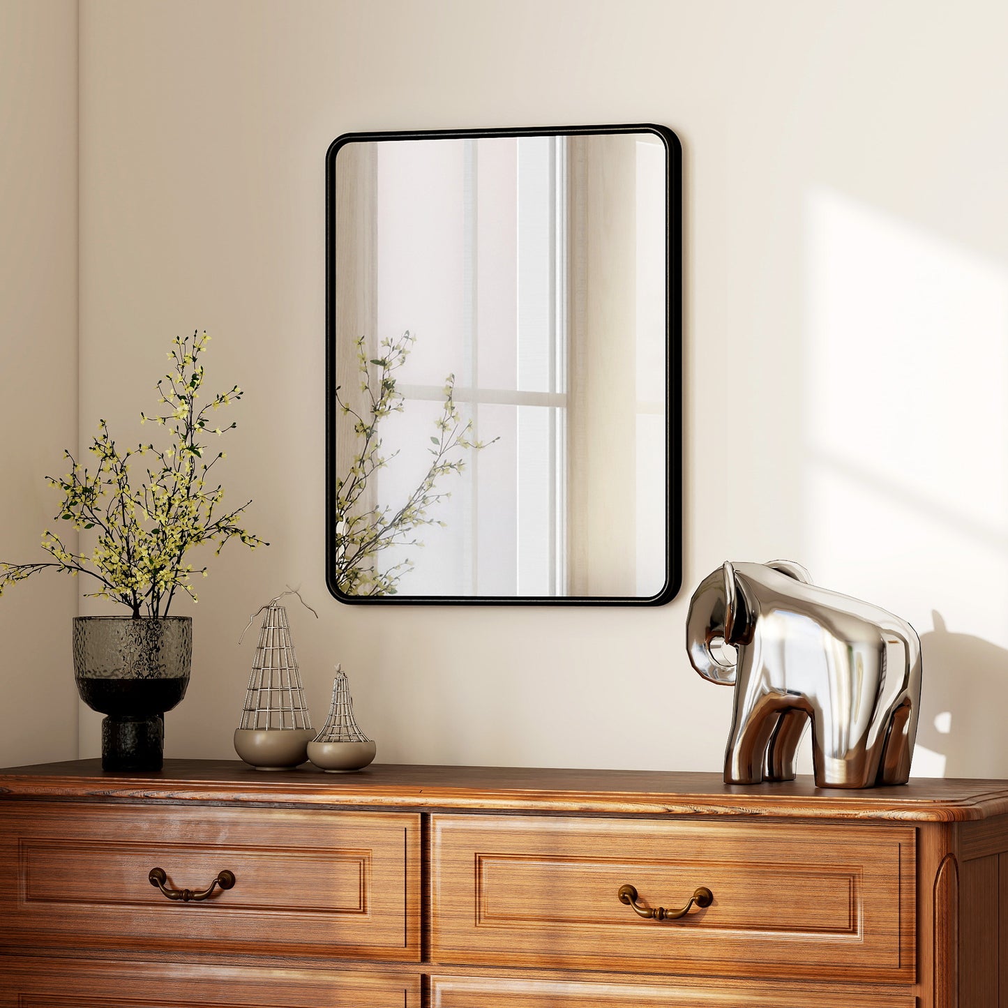 HOMCOM Rectangular Wall Mirror With HD Glass Black Metal Frame Dual Hanging Options Warp Free Design