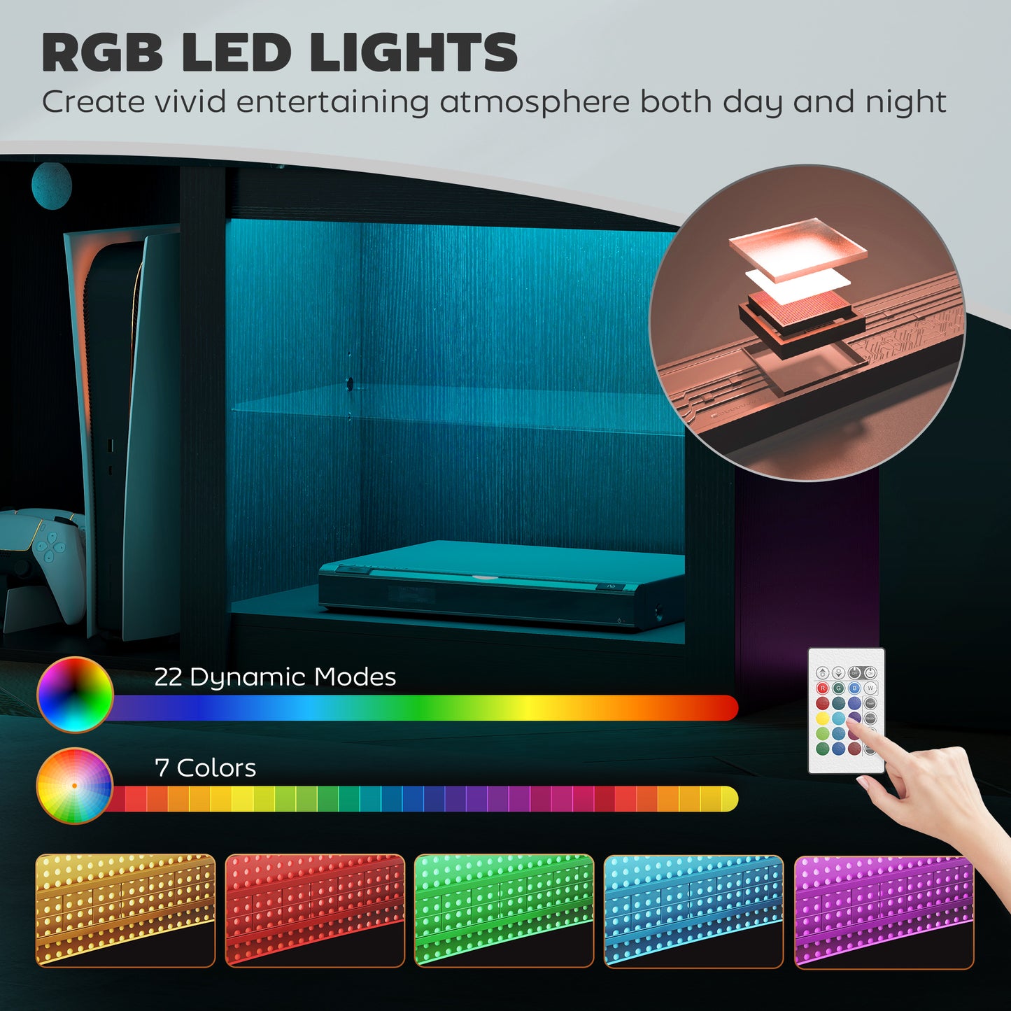 HOMCOM 65 Inch TV Stand With USB Powered RGB LED Lights 22 Modes 7 Colours Storage Black Finish