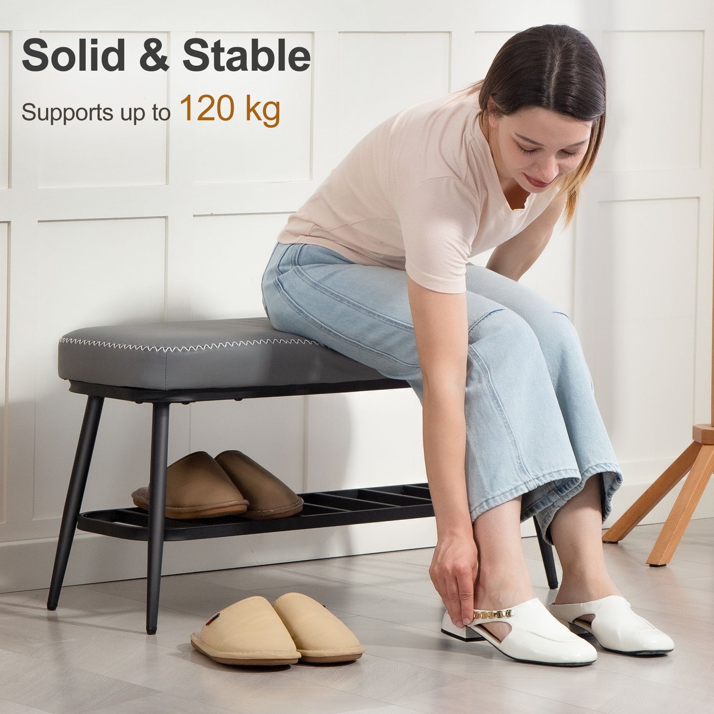 HOMCOM PU Leather Shoe Storage Bench With 7cm Cushioned Seat In Grey Holds Up To 120 Kg