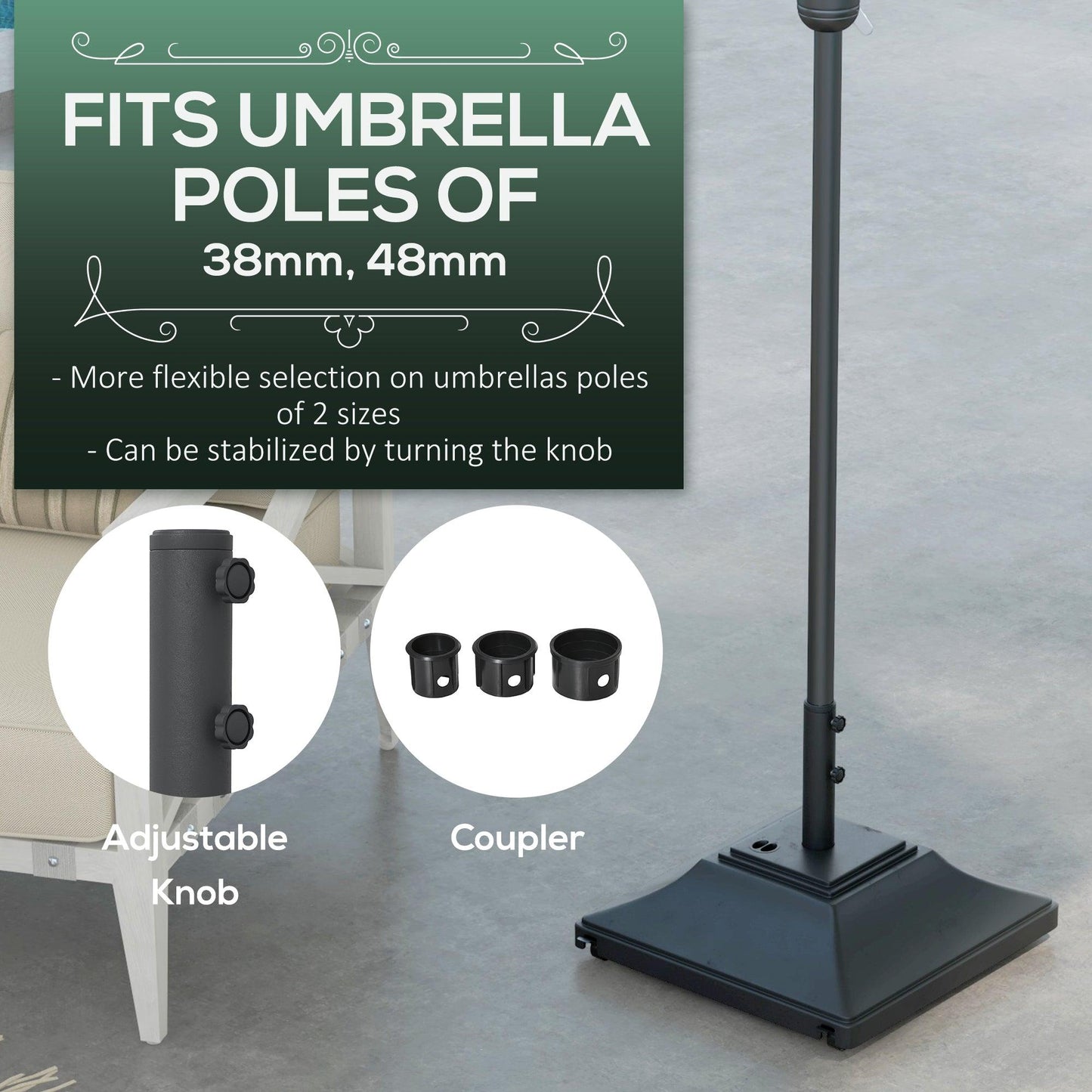 Outsunny 60kg Square Parasol Base with Wheels, 38mm, 48mm Heavy Duty Plastic Umbrella Stand, Fillable Parasol Stand for Outdoor Patio Umbrella, Black - ALL4U RETAILER LTD