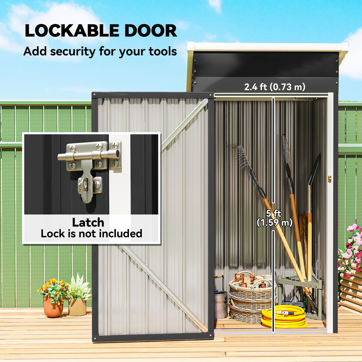 Outdoor shed with lockable door featuring latch and interior space with tools