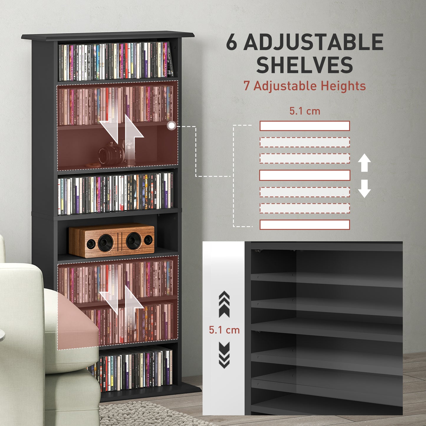Homcom 360 CD Storage Unit Black With 6 Adjustable Shelves Holds 360 CDs 185 DVDs Blu Rays Wall Anti Tip Straps