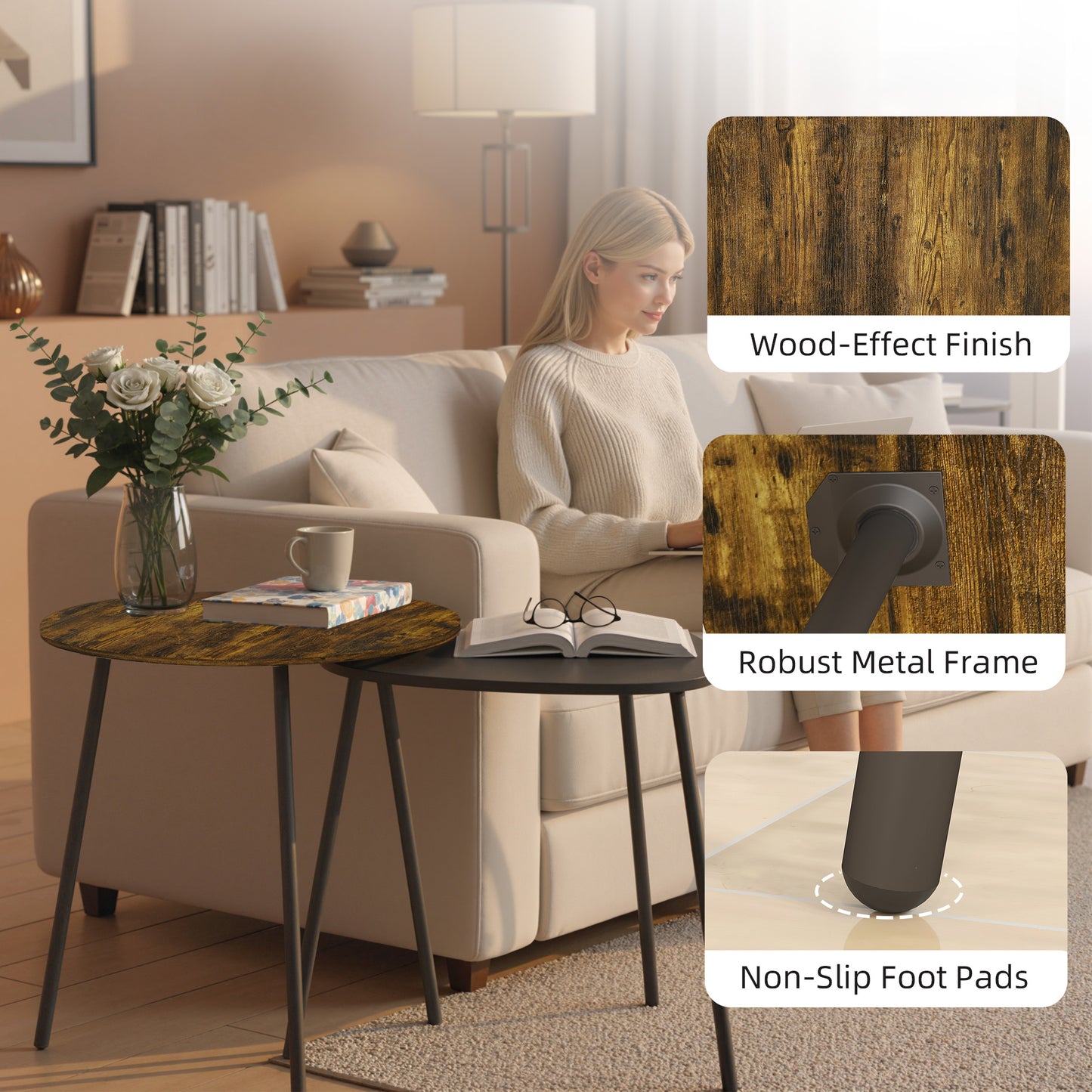 HOMCOM Nesting Side Table Set Of 2 Rustic Brown Space Saving Wood Effect Furniture