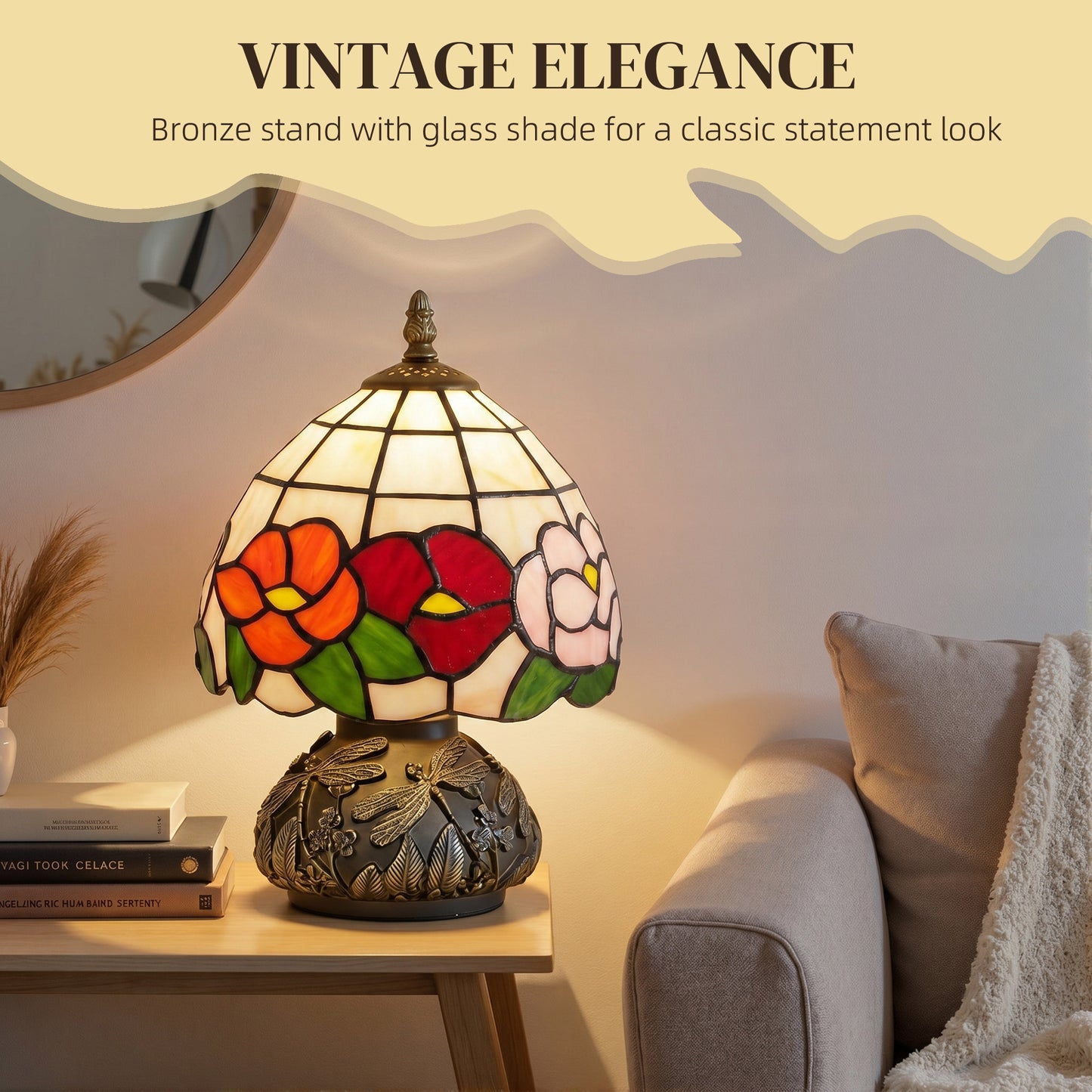 HOMCOM Handcrafted Classic Stained Glass Bedside Lamp Tiffany Style Lamp with Sculpted Dragonfly Base Multi Coloured
