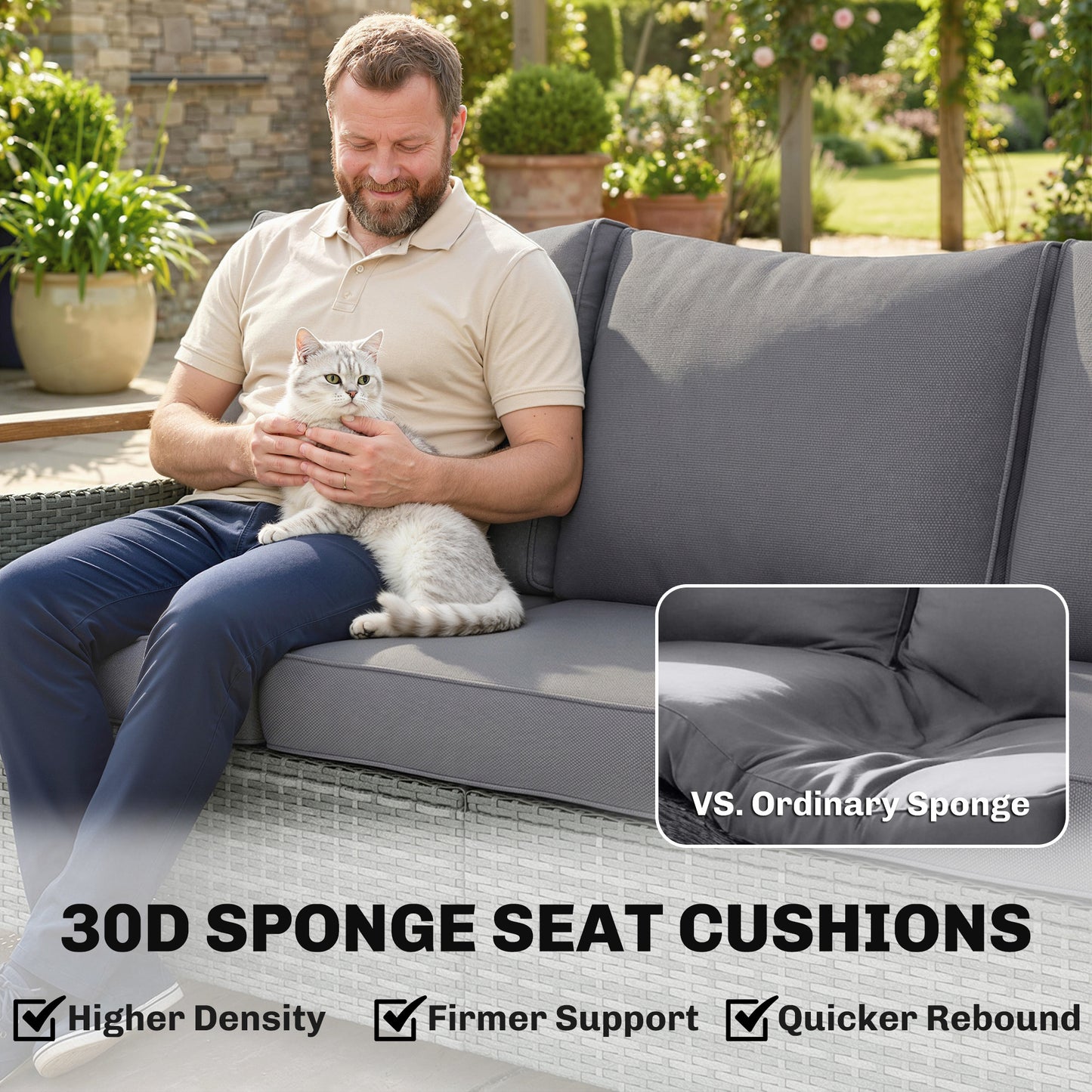 Outsunny 3 Seater Rattan Garden Sofa Outdoor PE Wicker Wood Effect Armrests Legs Deep Seat 4 Inch Cushions Dark Grey