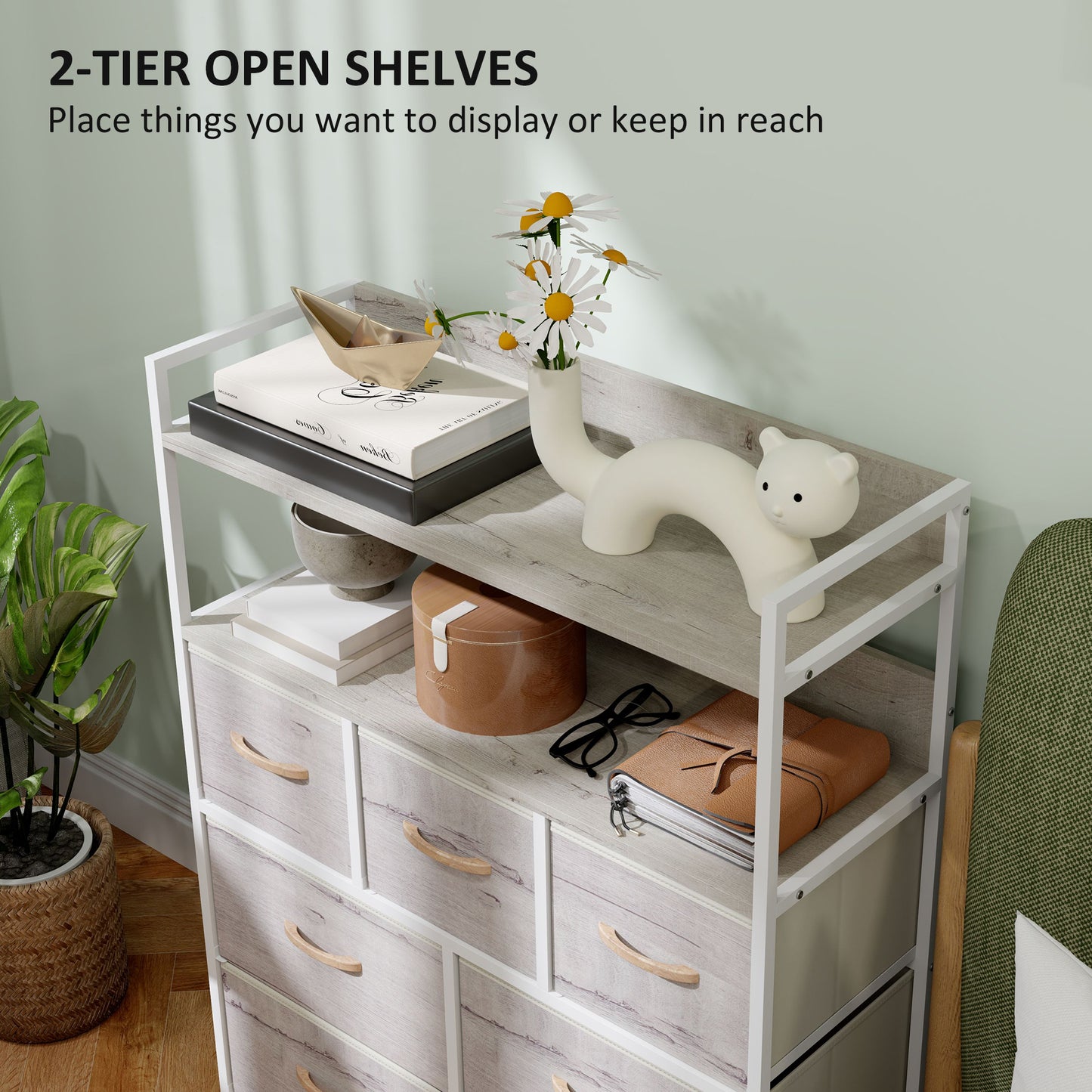HOMCOM Rustic Chest Of Seven Fabric Drawers Natural Wood Finish For Clothes Storage And Organization