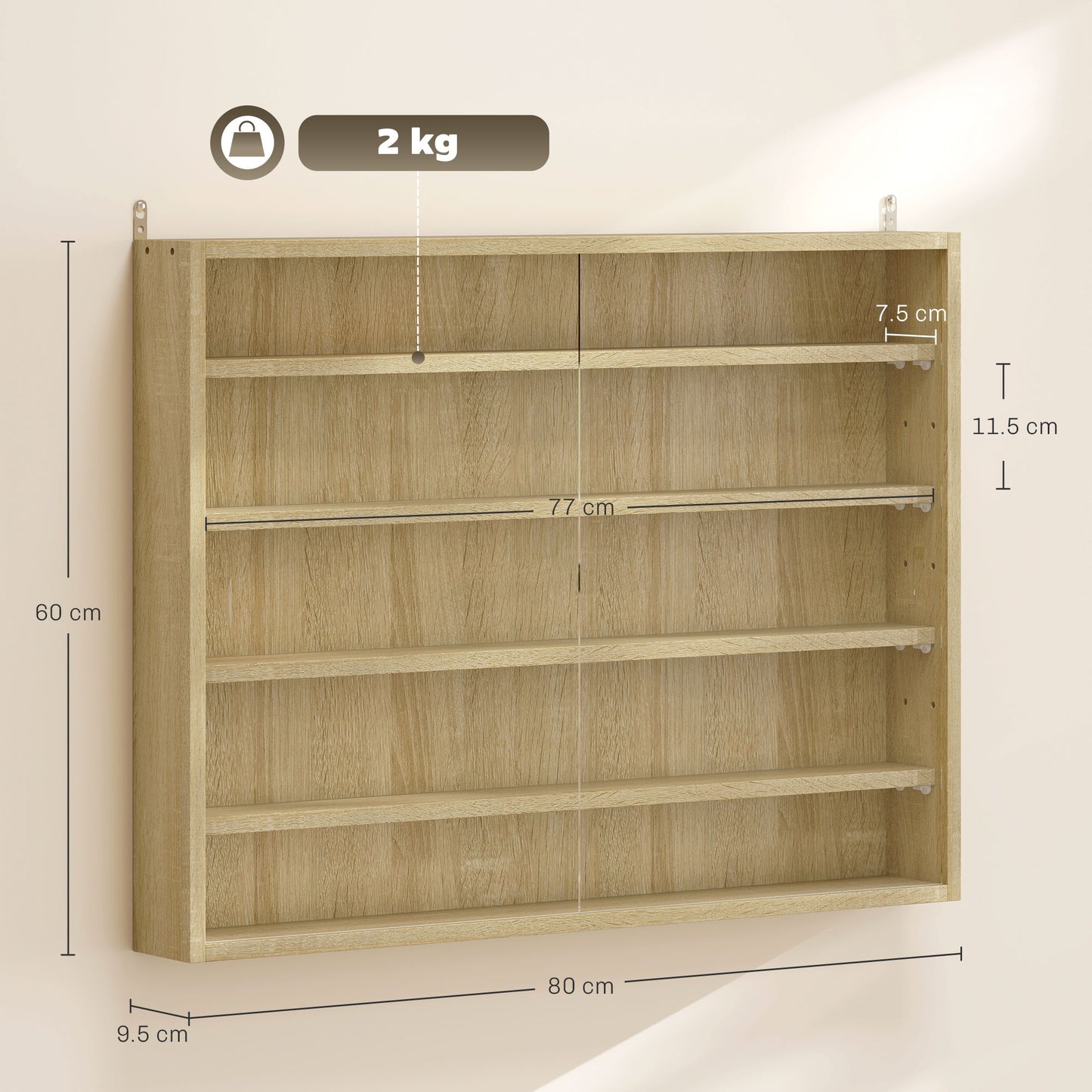 HOMCOM 5 Tier Wall Display Cabinet With Glass Doors 4 Adjustable Shelves Oak Finish 60x80cm Home Office Ornaments