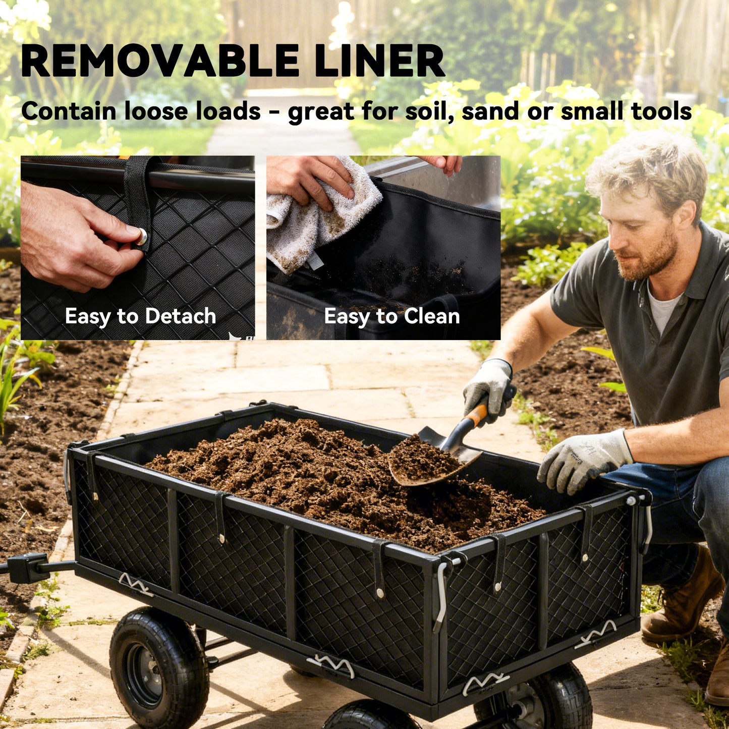 Outsunny 114L Steel Frame Garden Cart Trolley With Removable Waterproof Bag Black